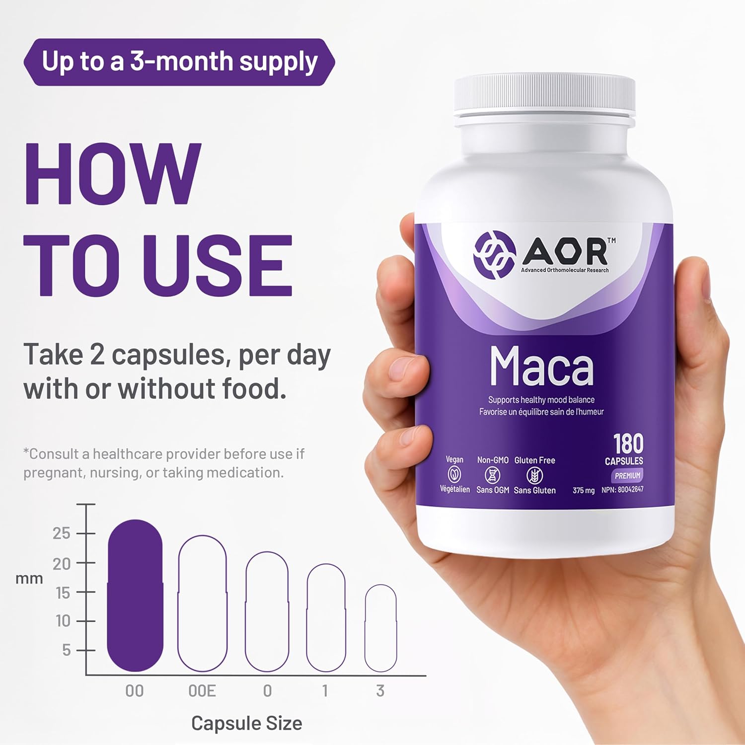 AOR Maca supplement bottle held in a hand with usage instructions on a white background