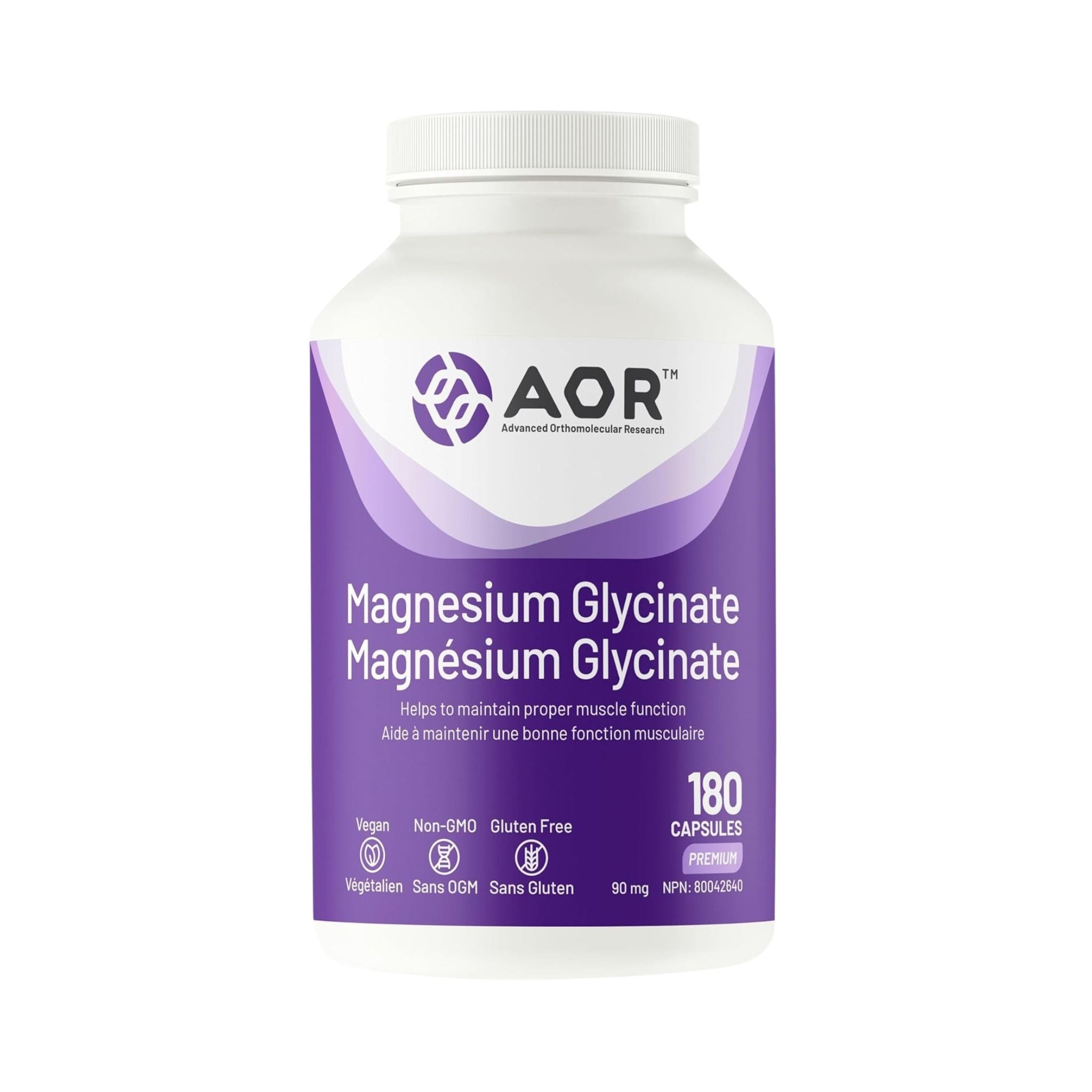 Front label of AOR Magnesium Glycinate 180 Capsules bottle