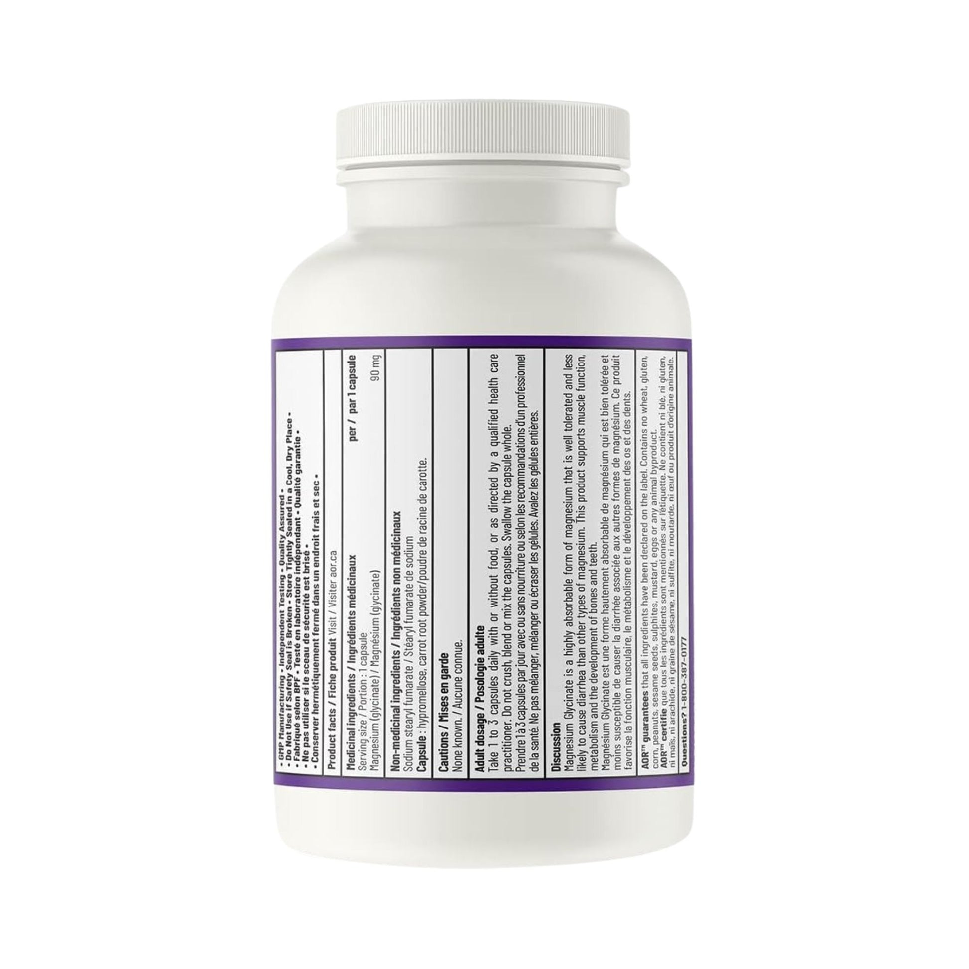 Back label with supplement facts of AOR Magnesium Glycinate