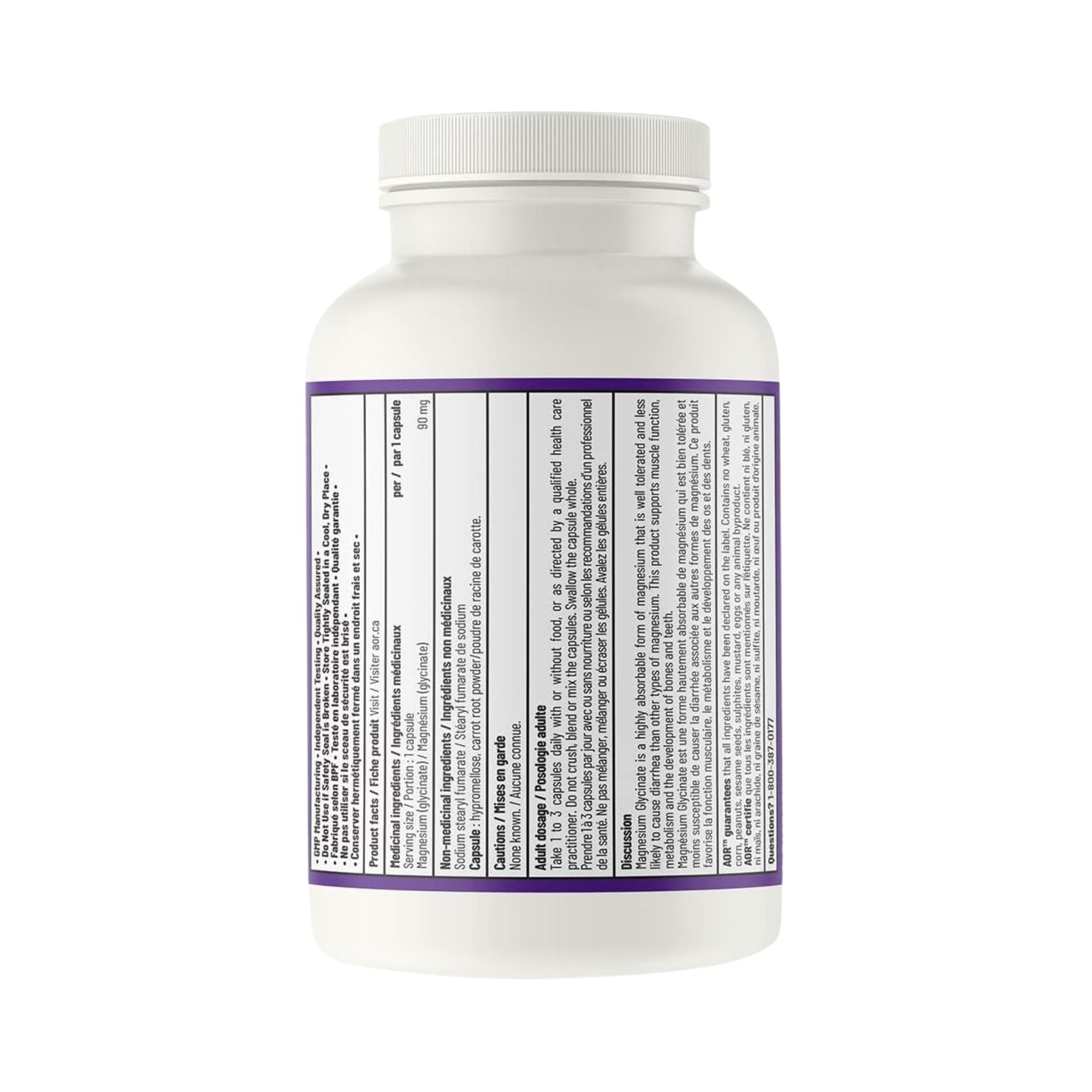 Back label with supplement facts of AOR Magnesium Glycinate
