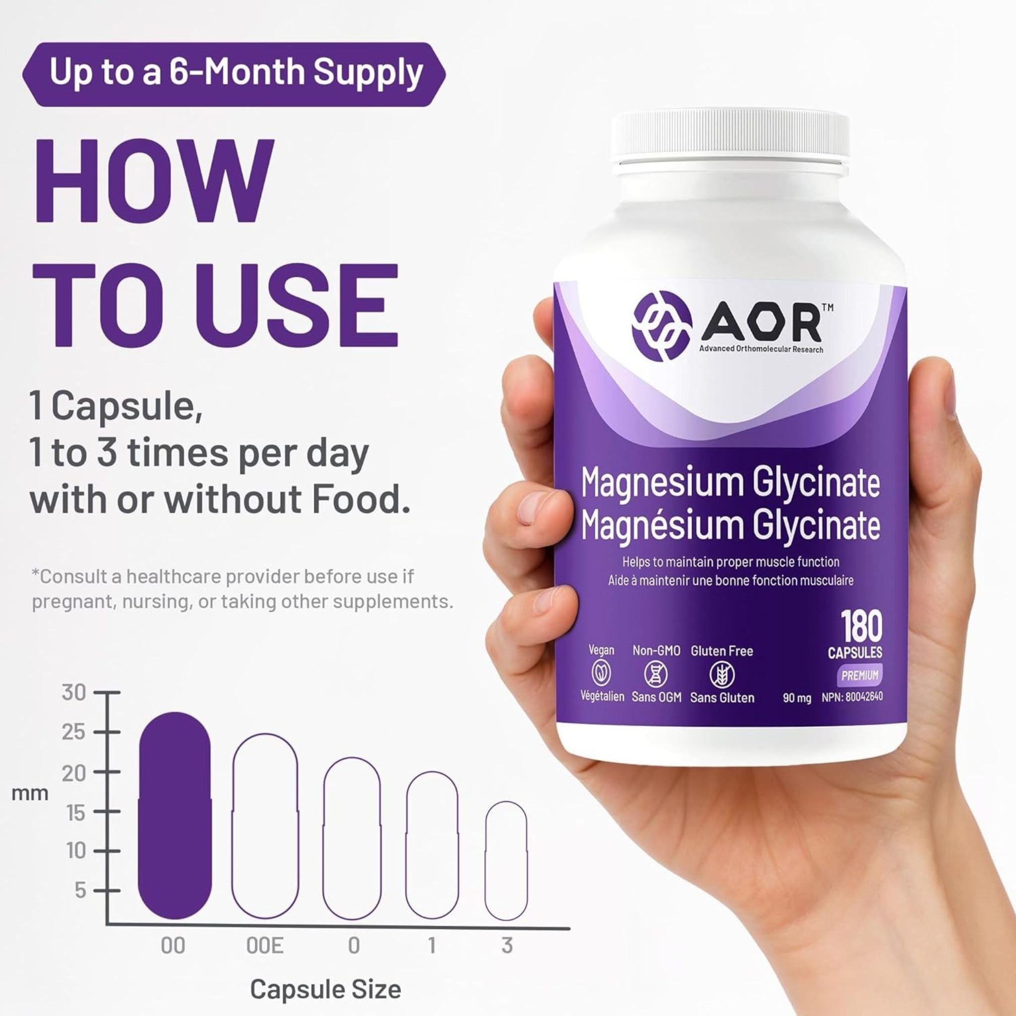 Side label with dosage instructions for AOR Magnesium Glycinate