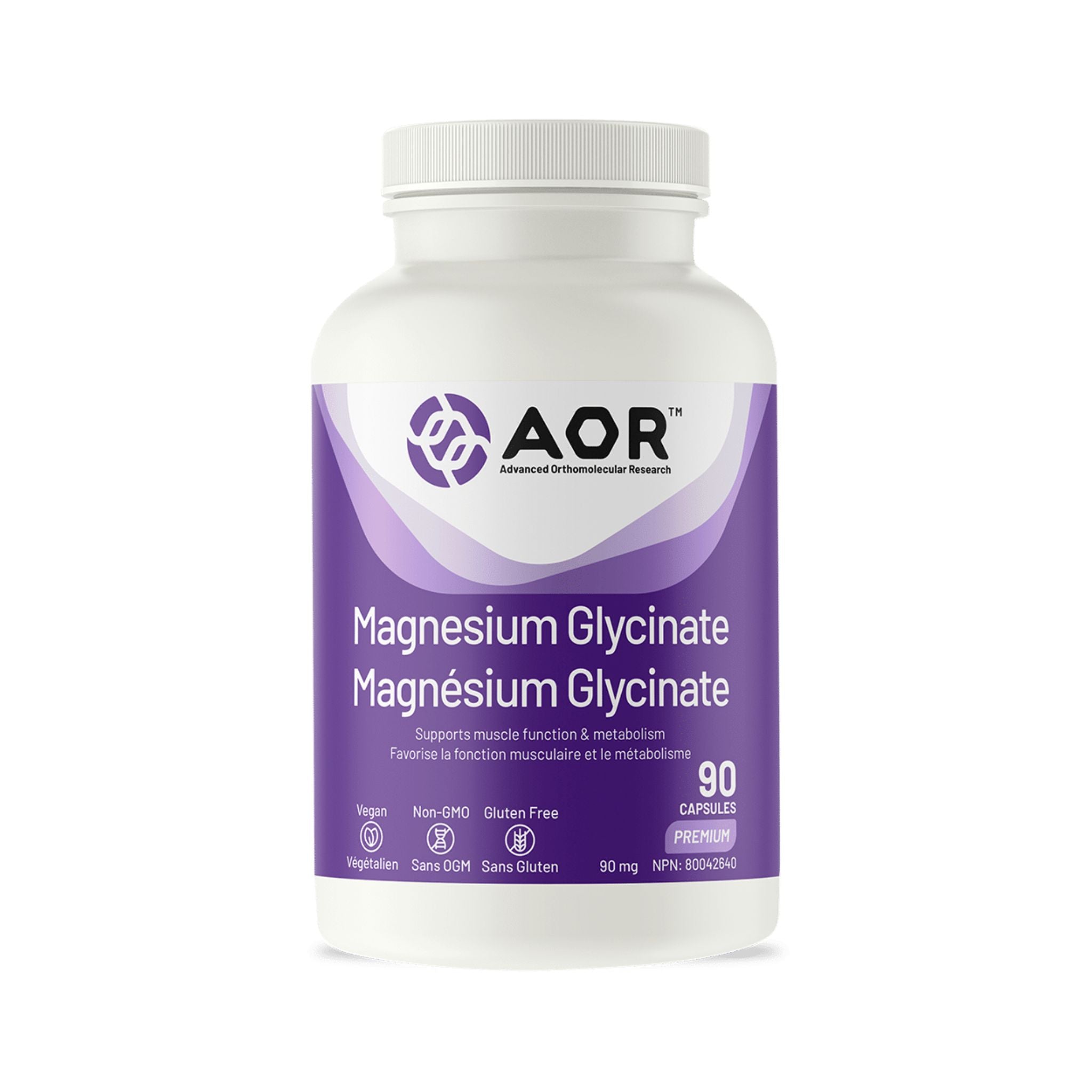 Front label of AOR Magnesium Glycinate 90 Capsules