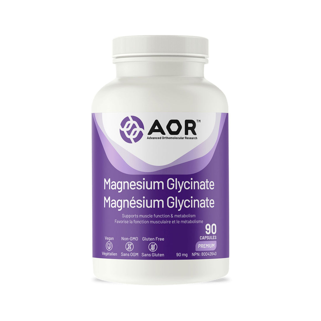 Front label of AOR Magnesium Glycinate 90 Capsules