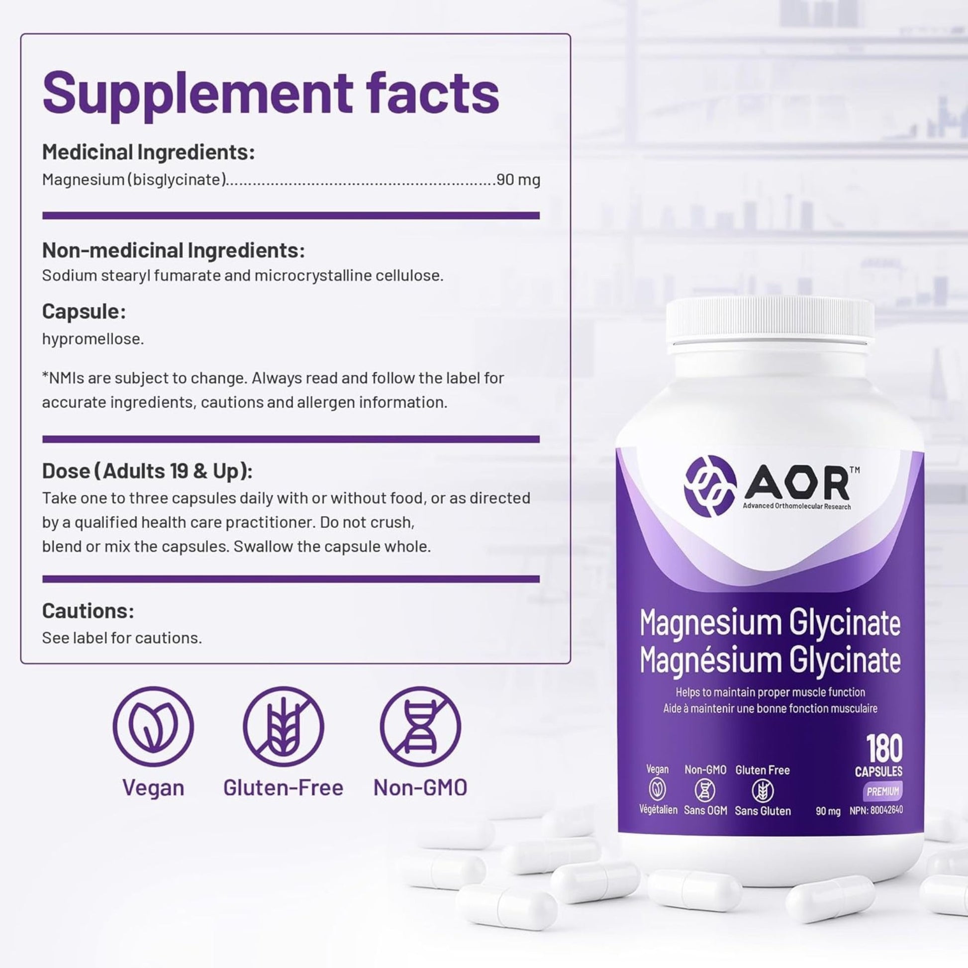 Supplement facts panel of AOR Magnesium Glycinate