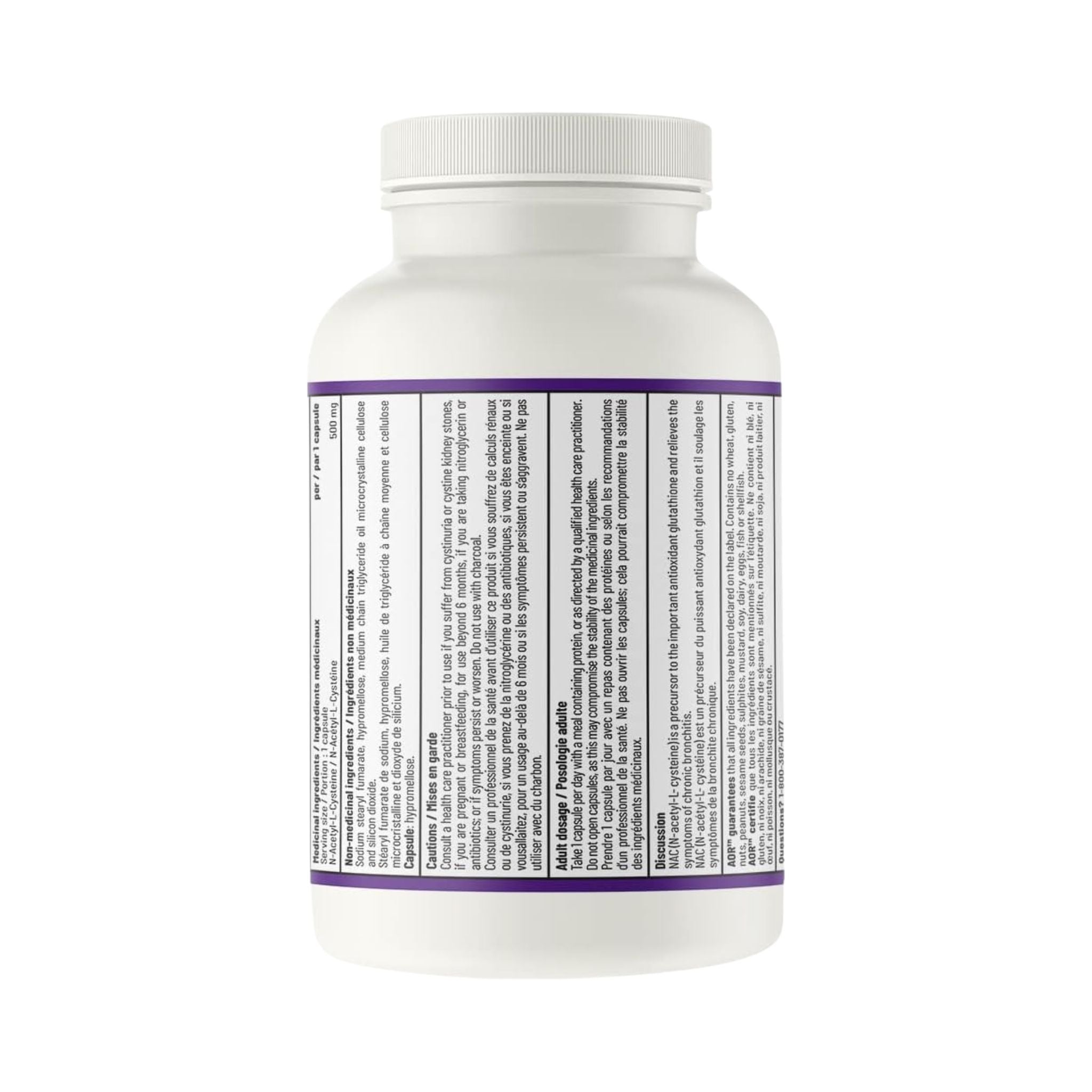 White supplement bottle with a purple label on a white background