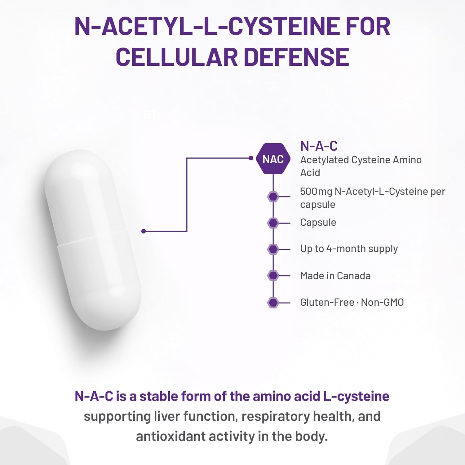 N-Acetyl-L-Cysteine supplement with product details on a white background