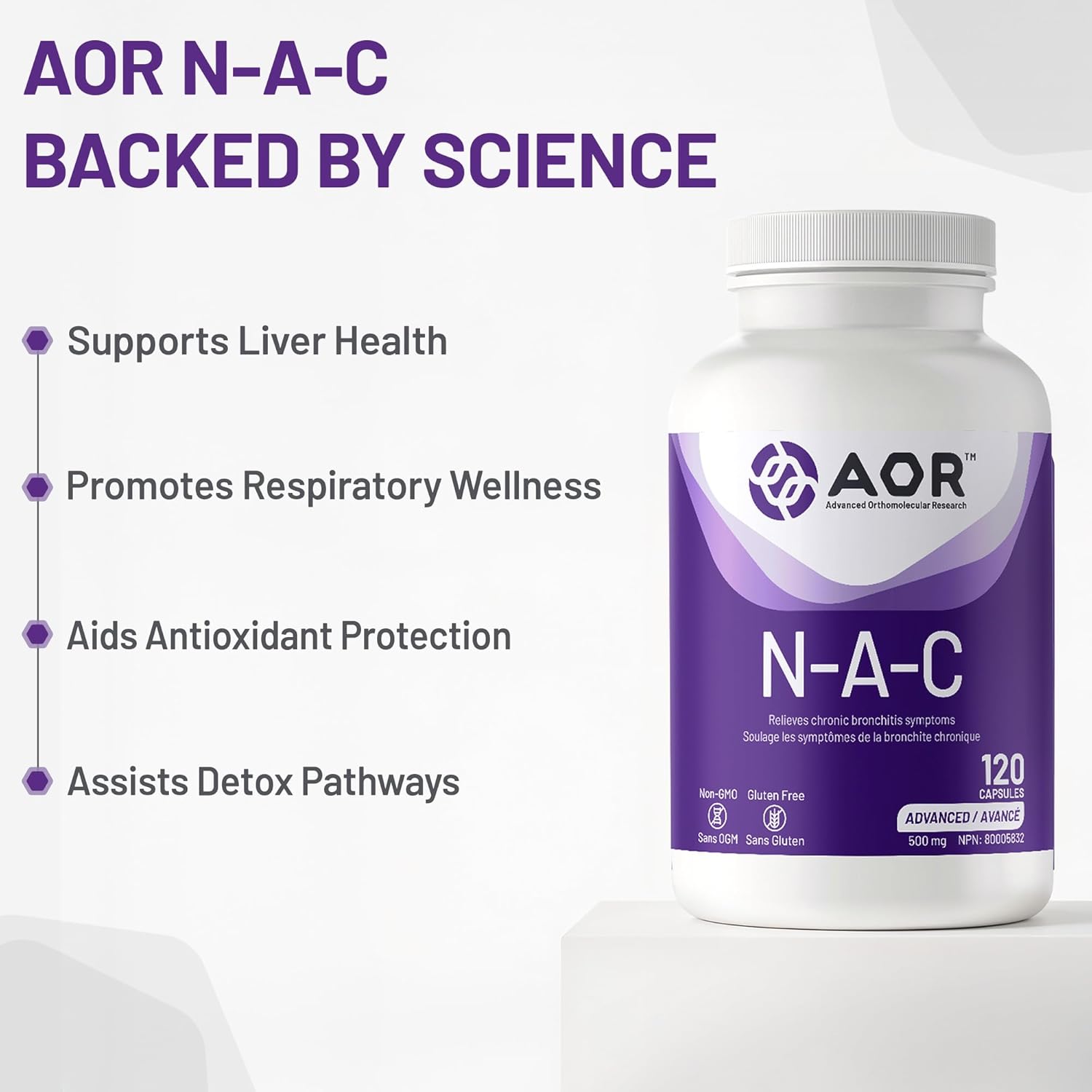 AOR N-A-C supplement bottle with benefits listed on a white background