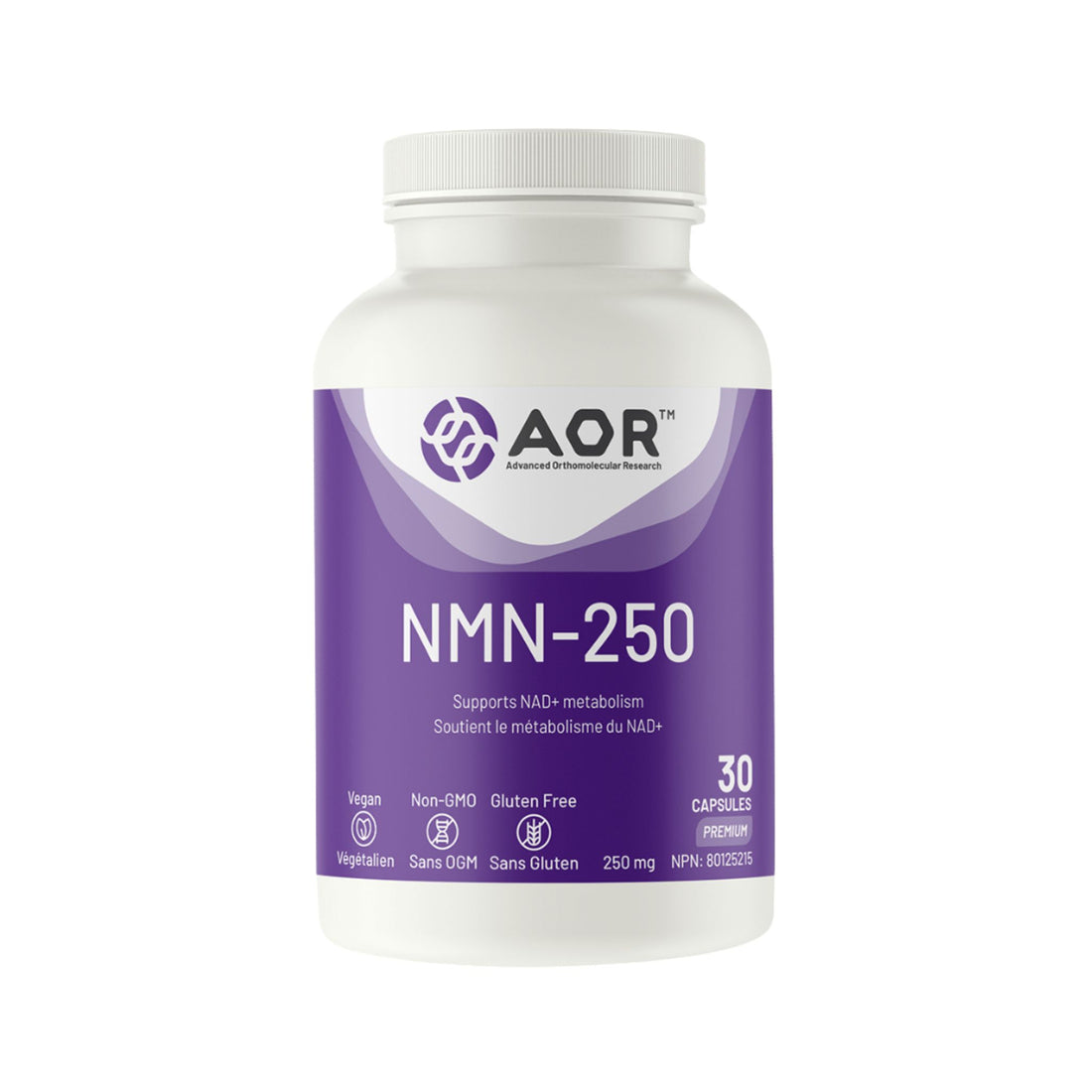 AOR NMN-250 supplement bottle on a white background