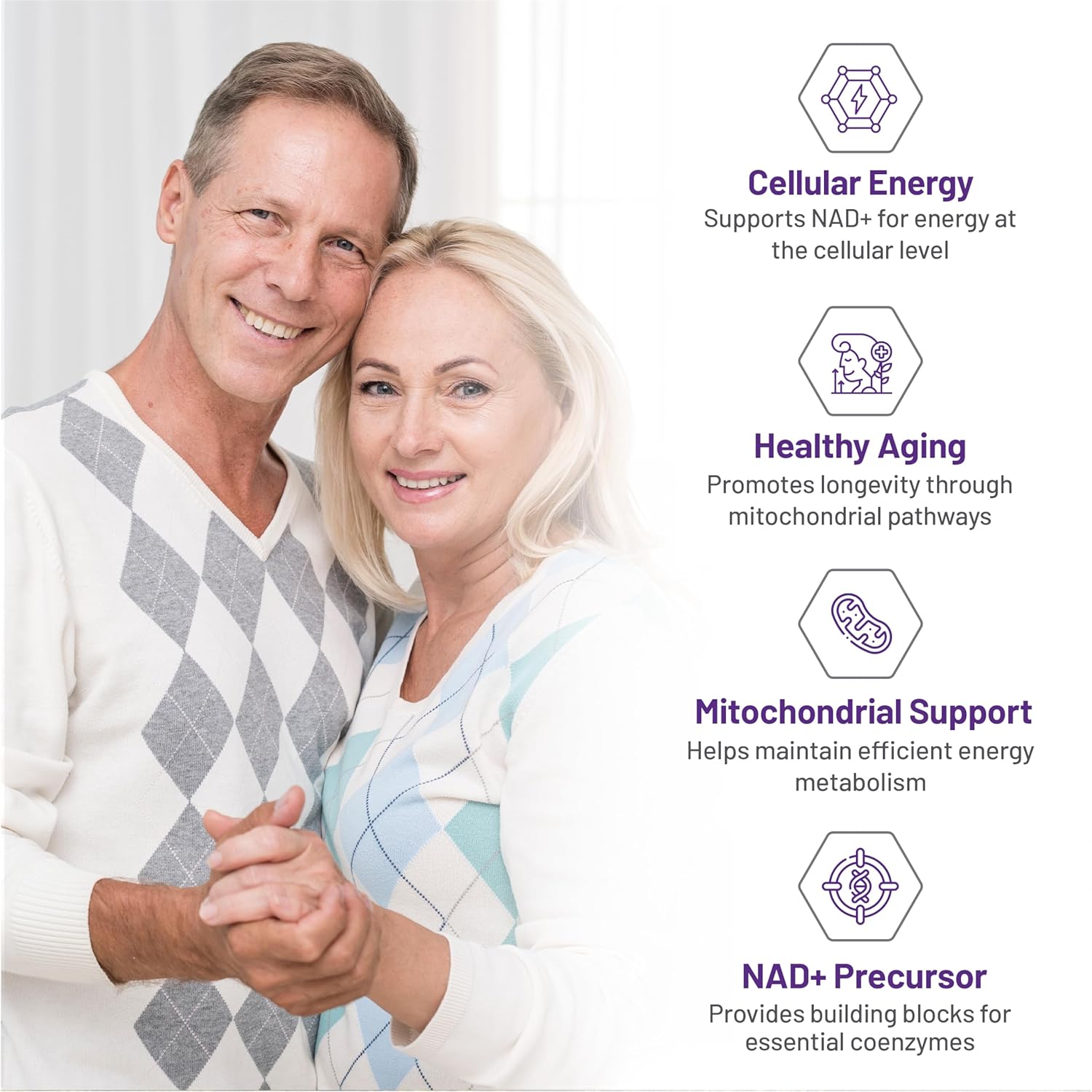 Couple embracing with health benefits text on a white background