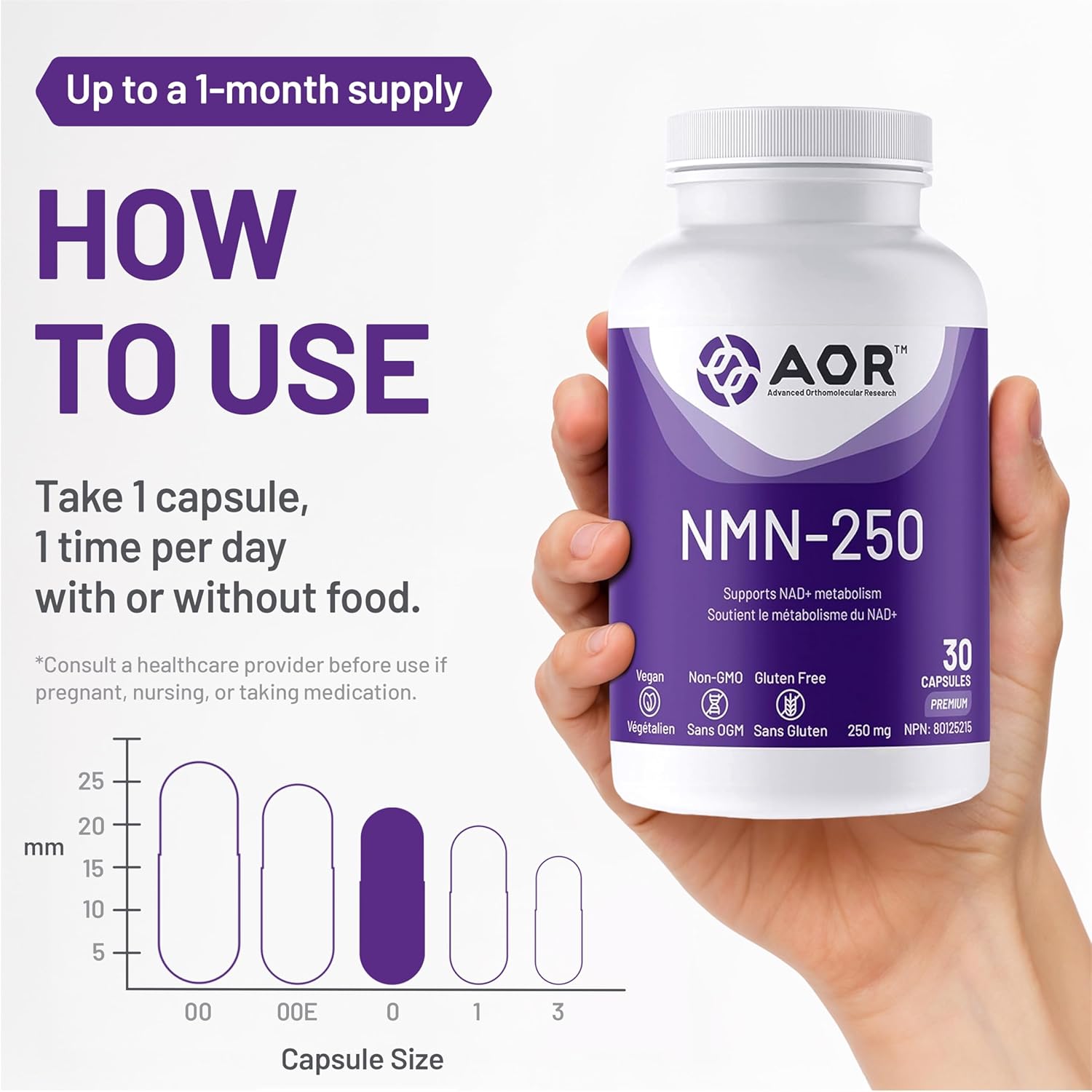 AOR NMN-250 supplement bottle held in a hand with usage instructions on a white background
