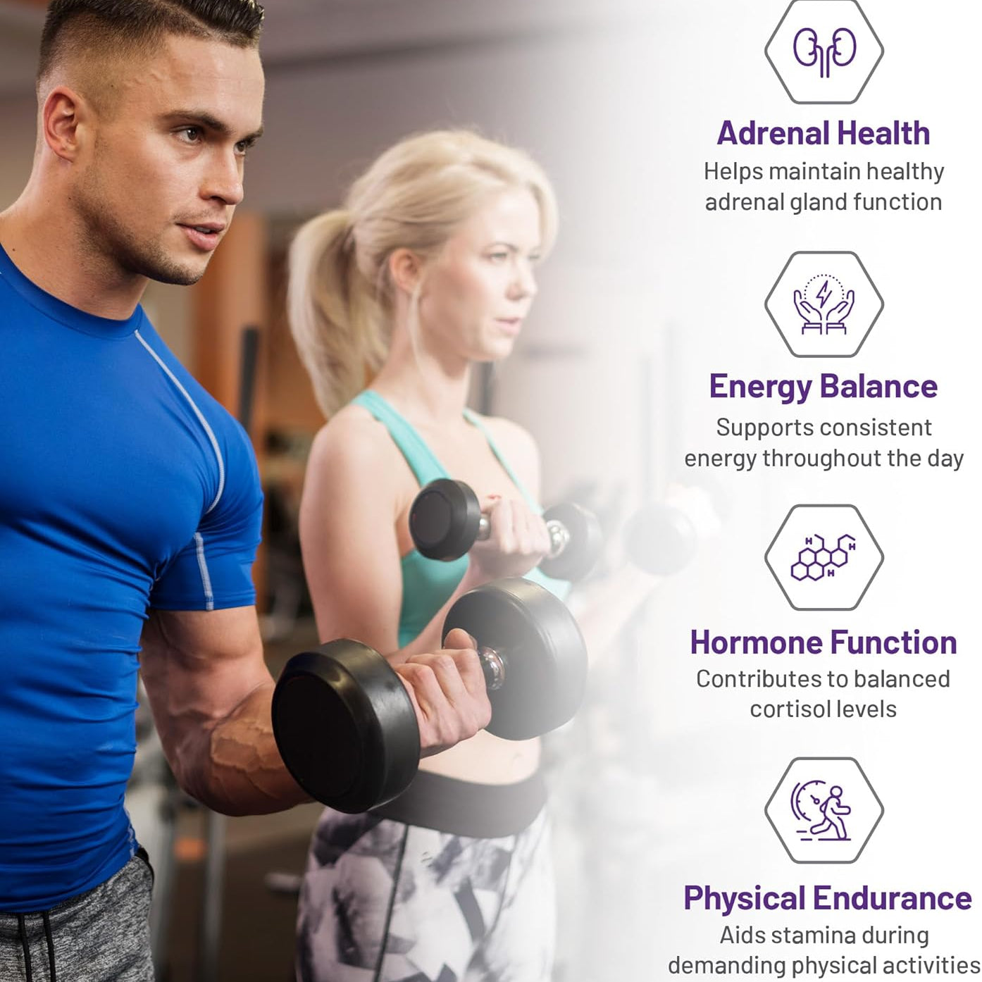 Two people exercising with dumbbells in a gym setting, with text about adrenal health benefits on the right.