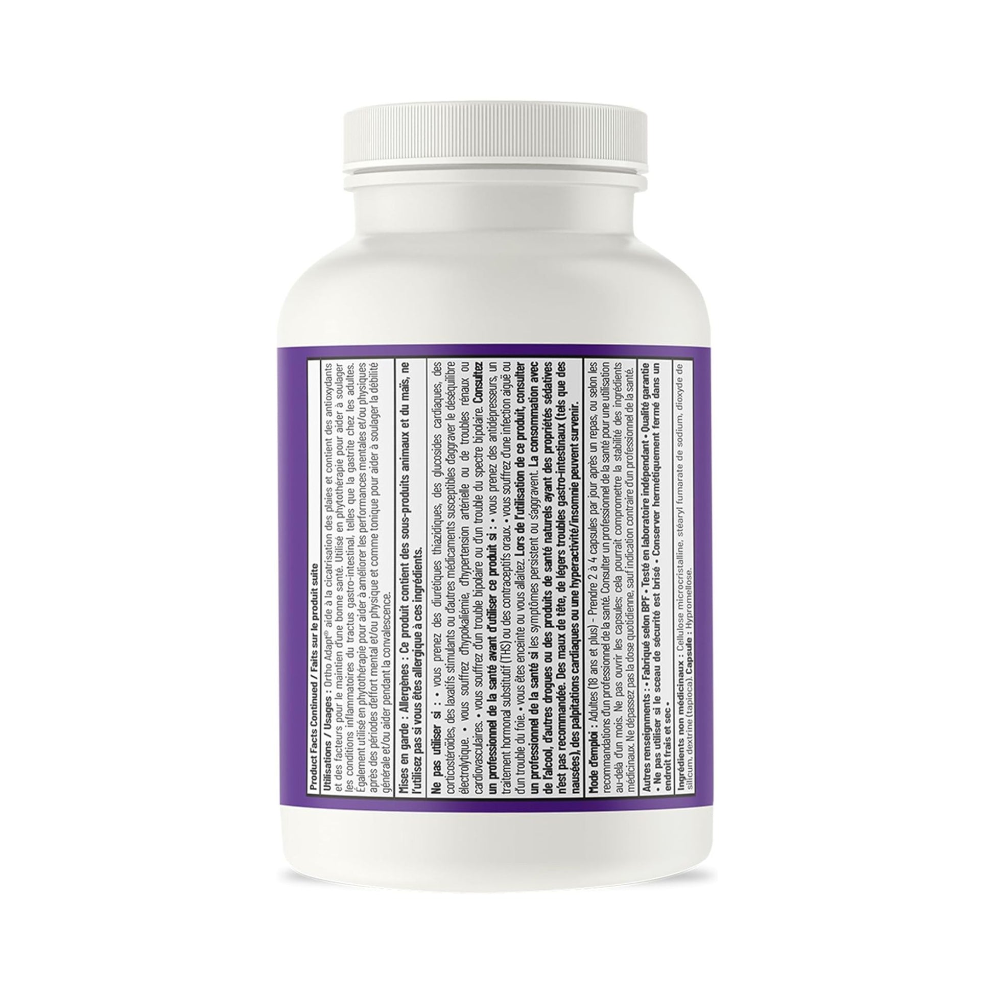 White supplement bottle with a purple label on a white background