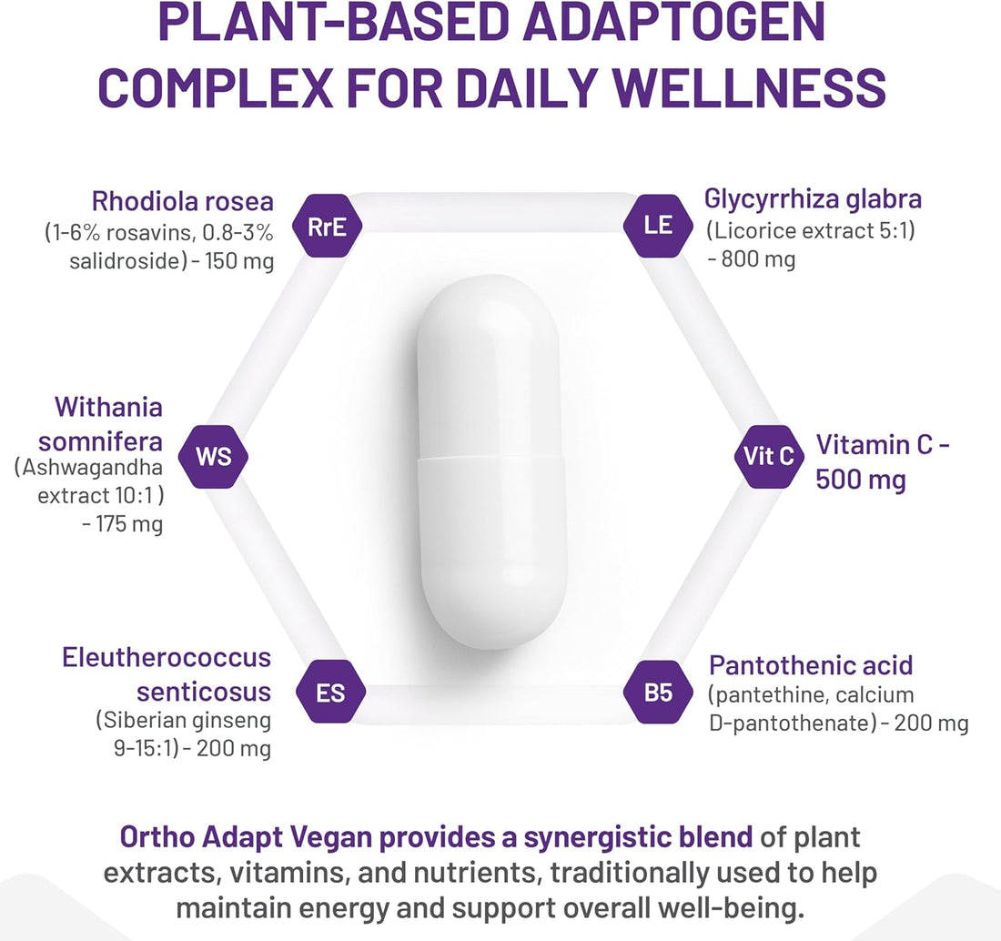 Vitamin supplement bottle labeled 'AOR Ortho Adapt Vegan' on a white background