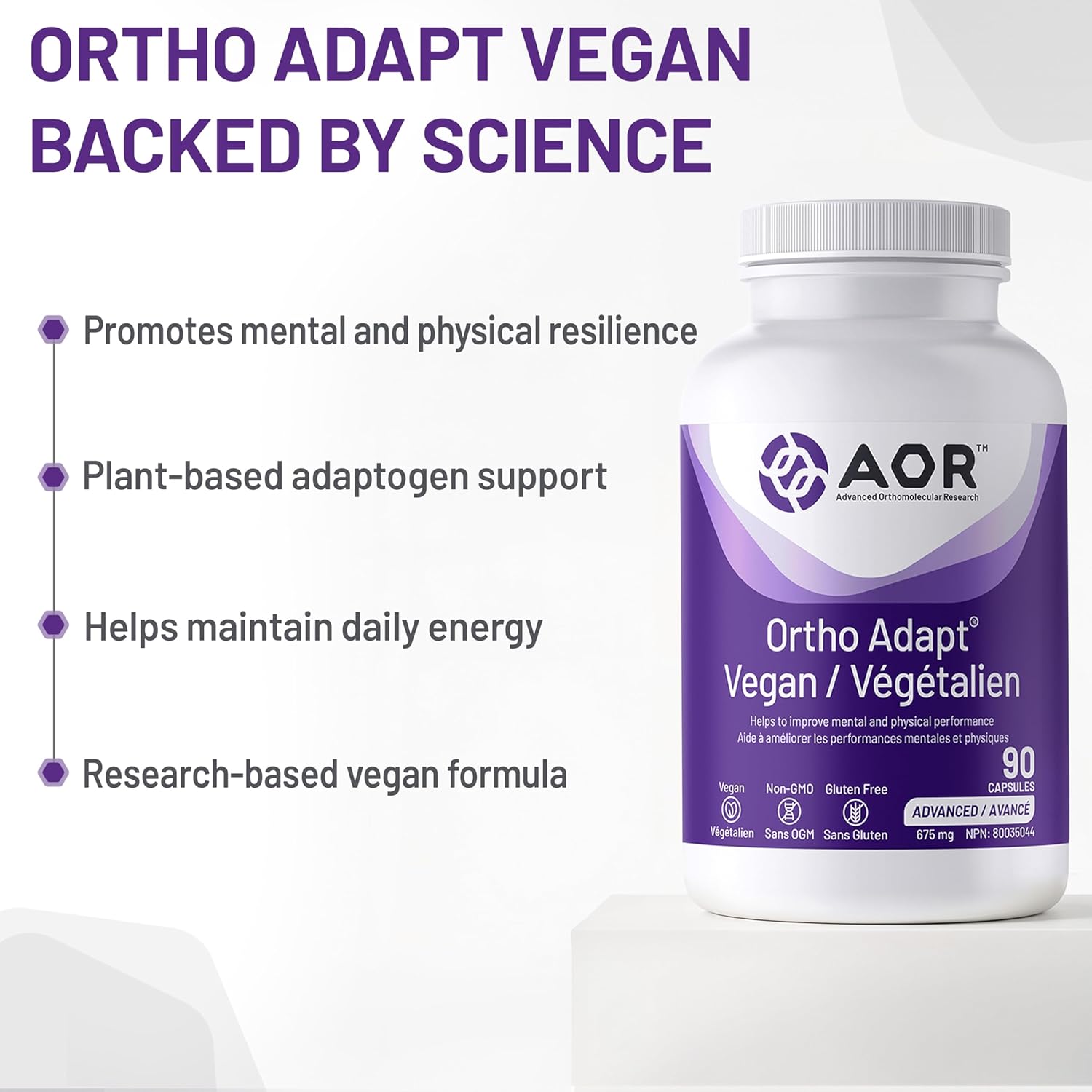 AOR Ortho Adapt Vegan supplement bottle with features listed on a white background
