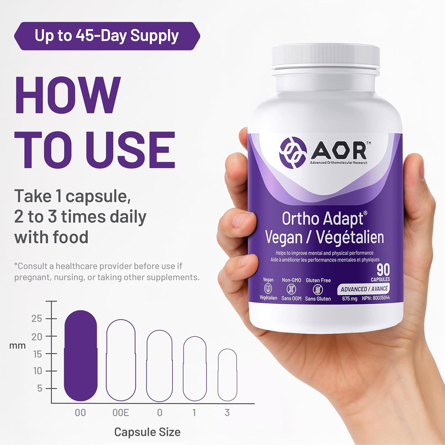 AOR Ortho Adapt supplement bottle held in a hand with usage instructions on a white background