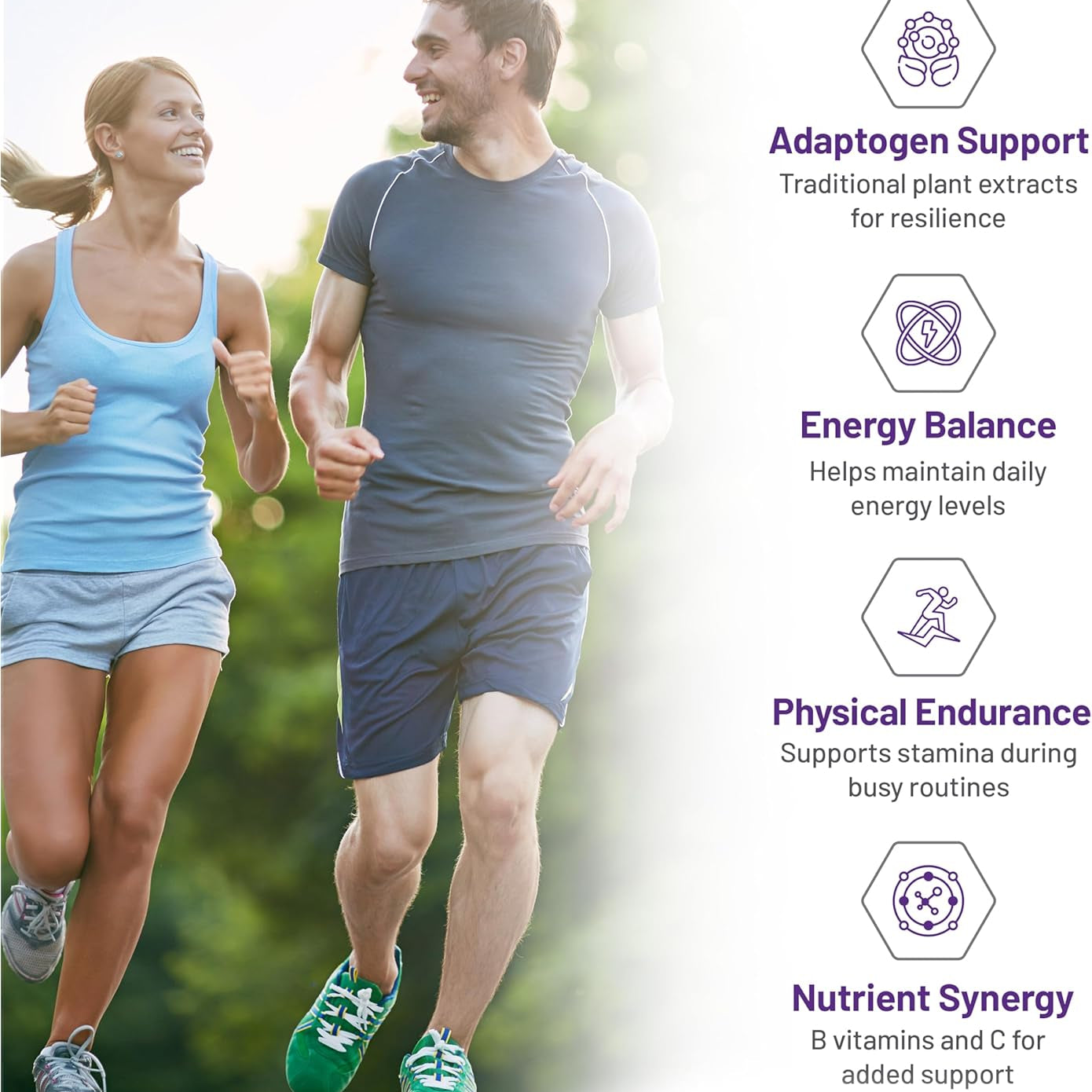 Two people running outdoors with health benefits text on the right