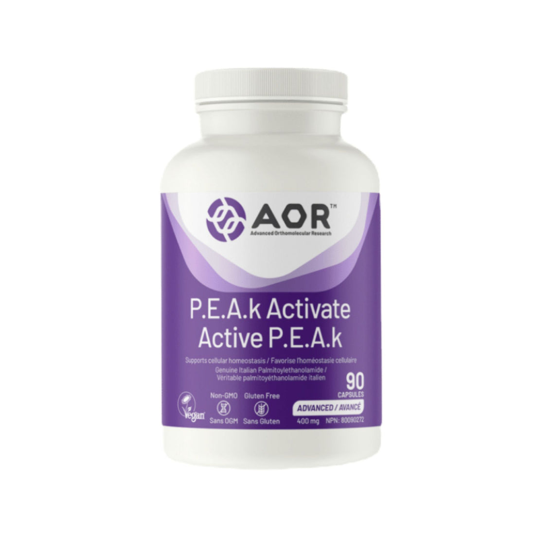Supplement bottle labeled 'AOR P.E.A.k Activate' on a white background