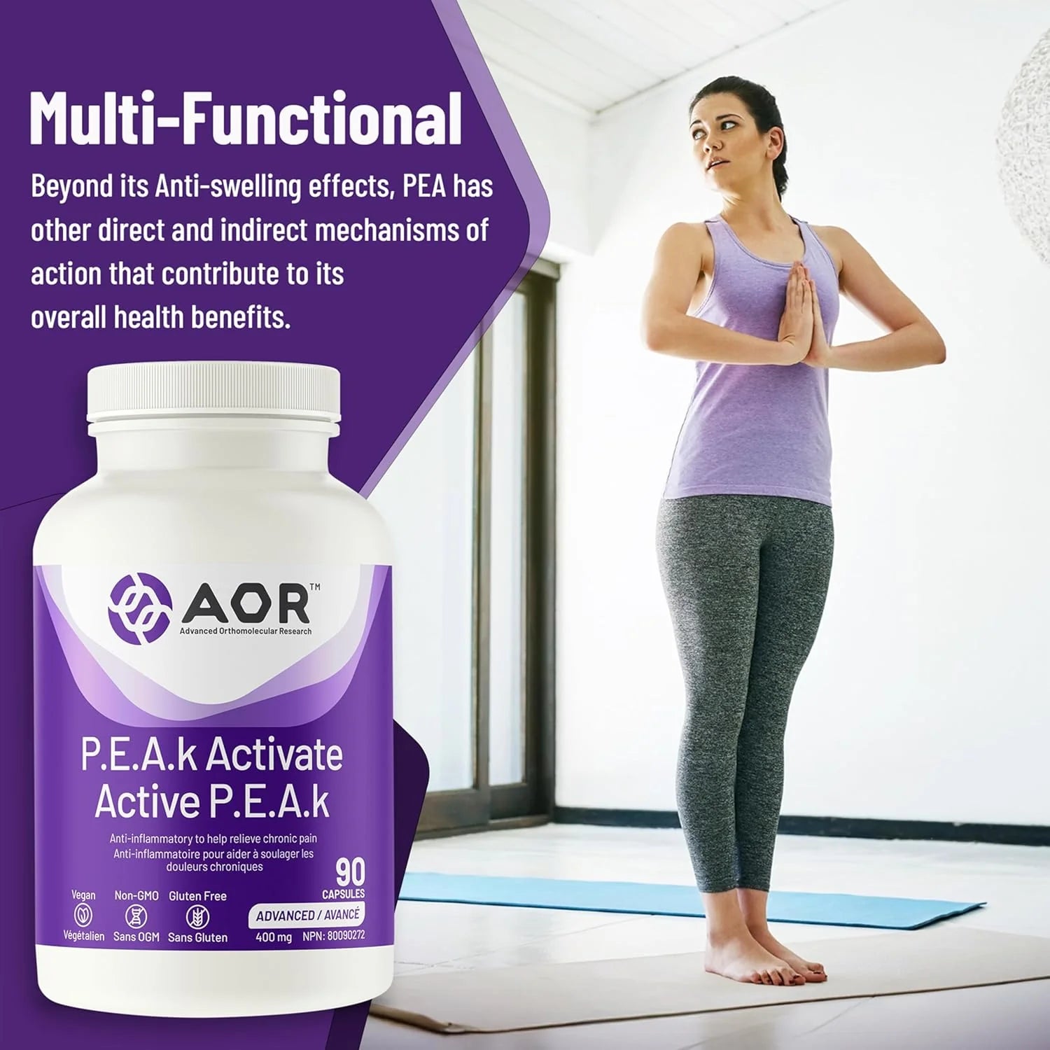 AOR P.E.A.k Activate supplement bottle with a woman doing yoga in the background