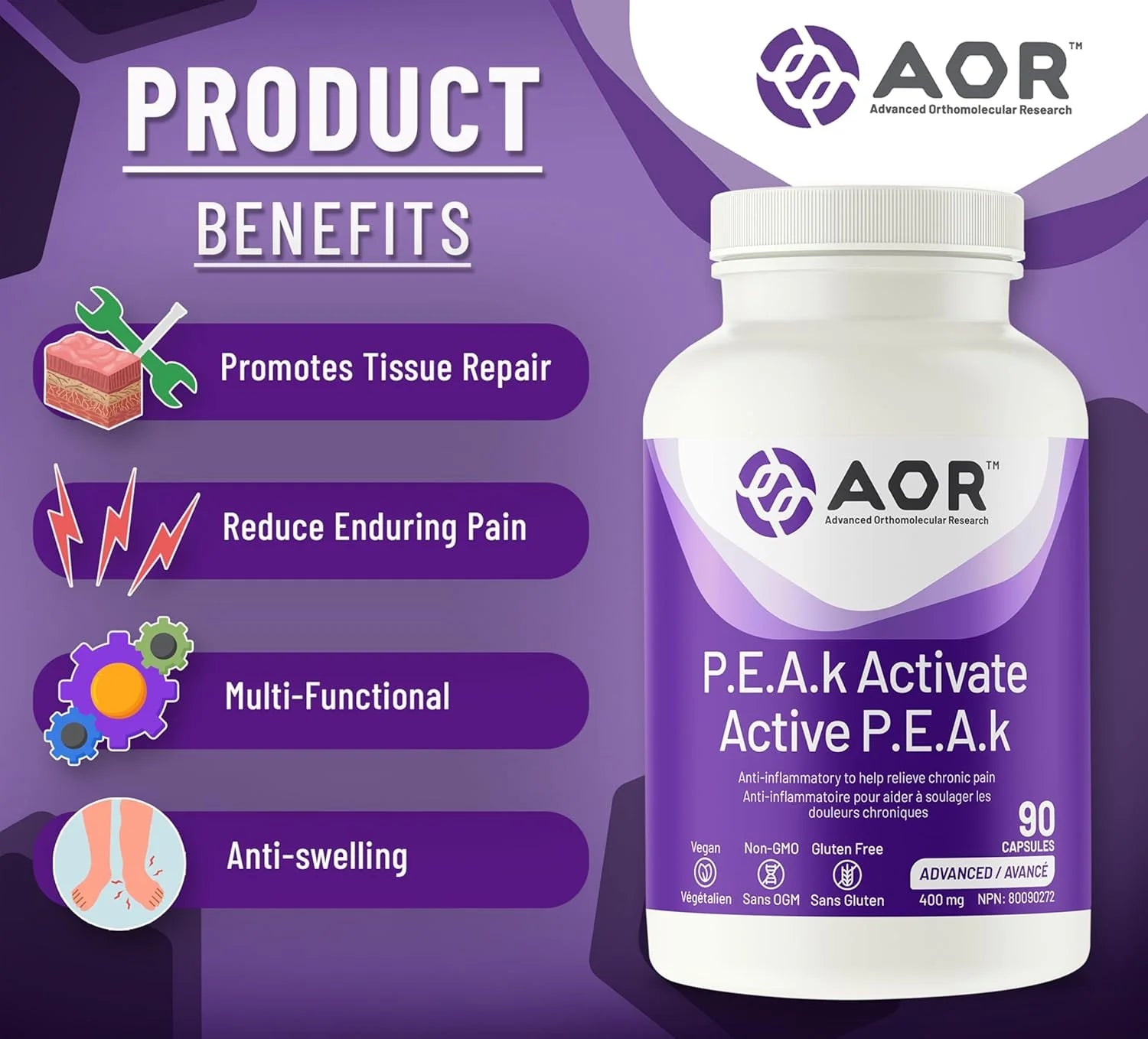 AOR P.E.A.k Activate supplement bottle with product benefits on a purple background