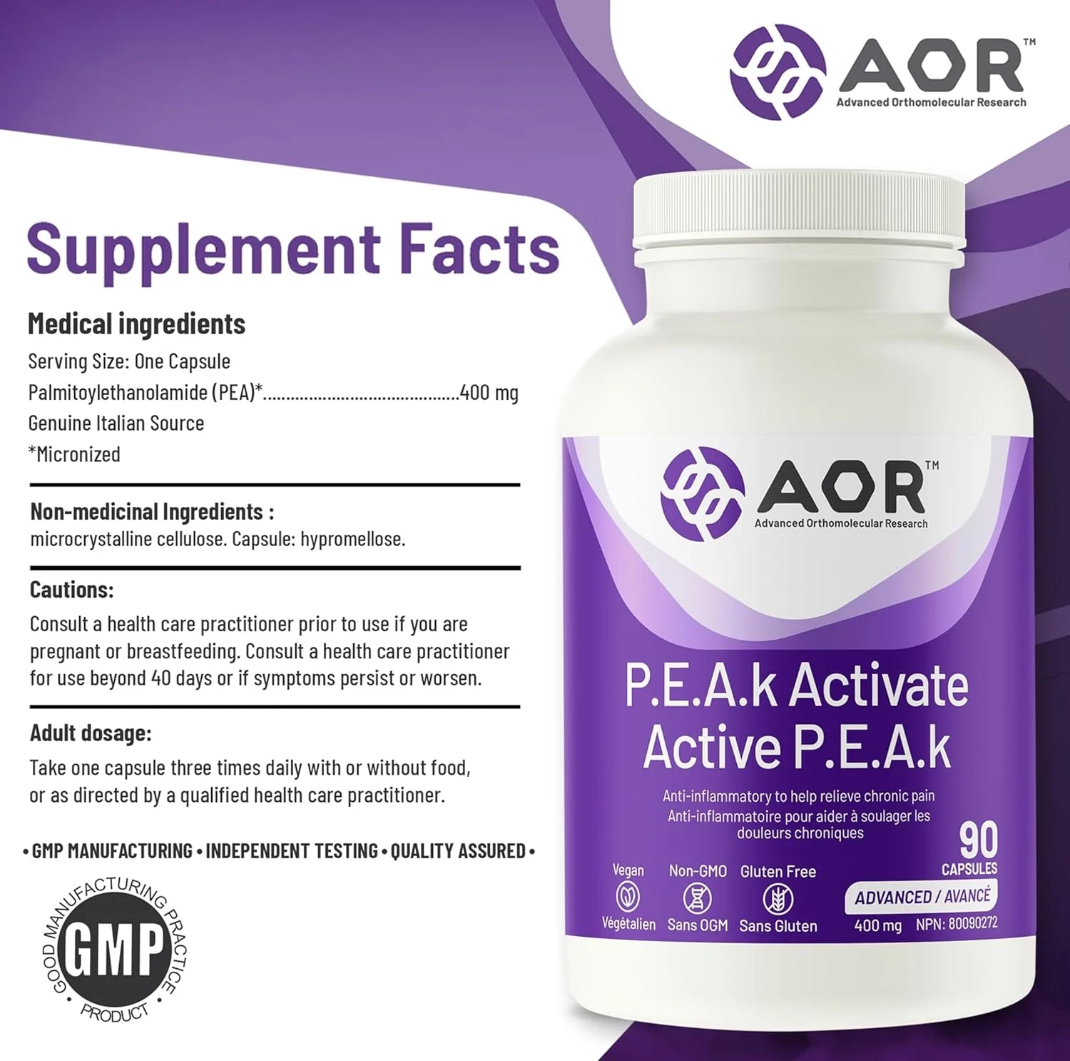 AOR P.E.A.k Activate supplement bottle with label on a purple background