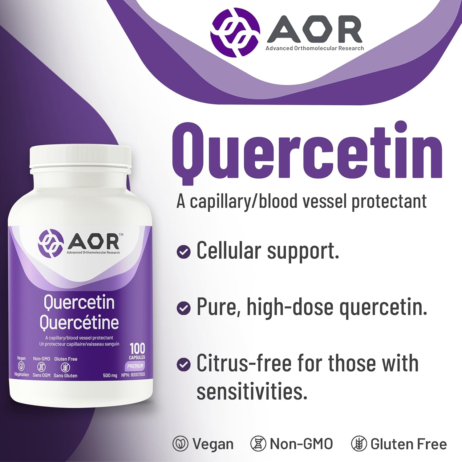 AOR Quercetin supplement bottle with product details on a purple and white background