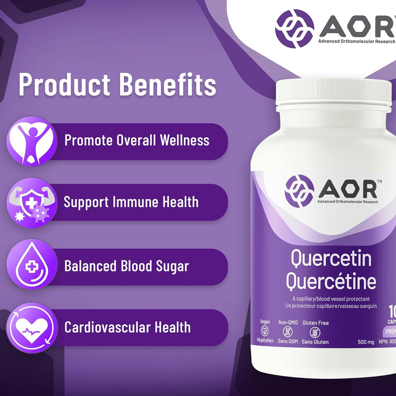 AOR Quercetin supplement bottle with product benefits on a purple background