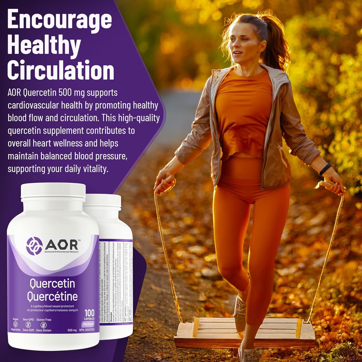 Woman exercising outdoors with AOR Quercetin supplement bottles displayed.
