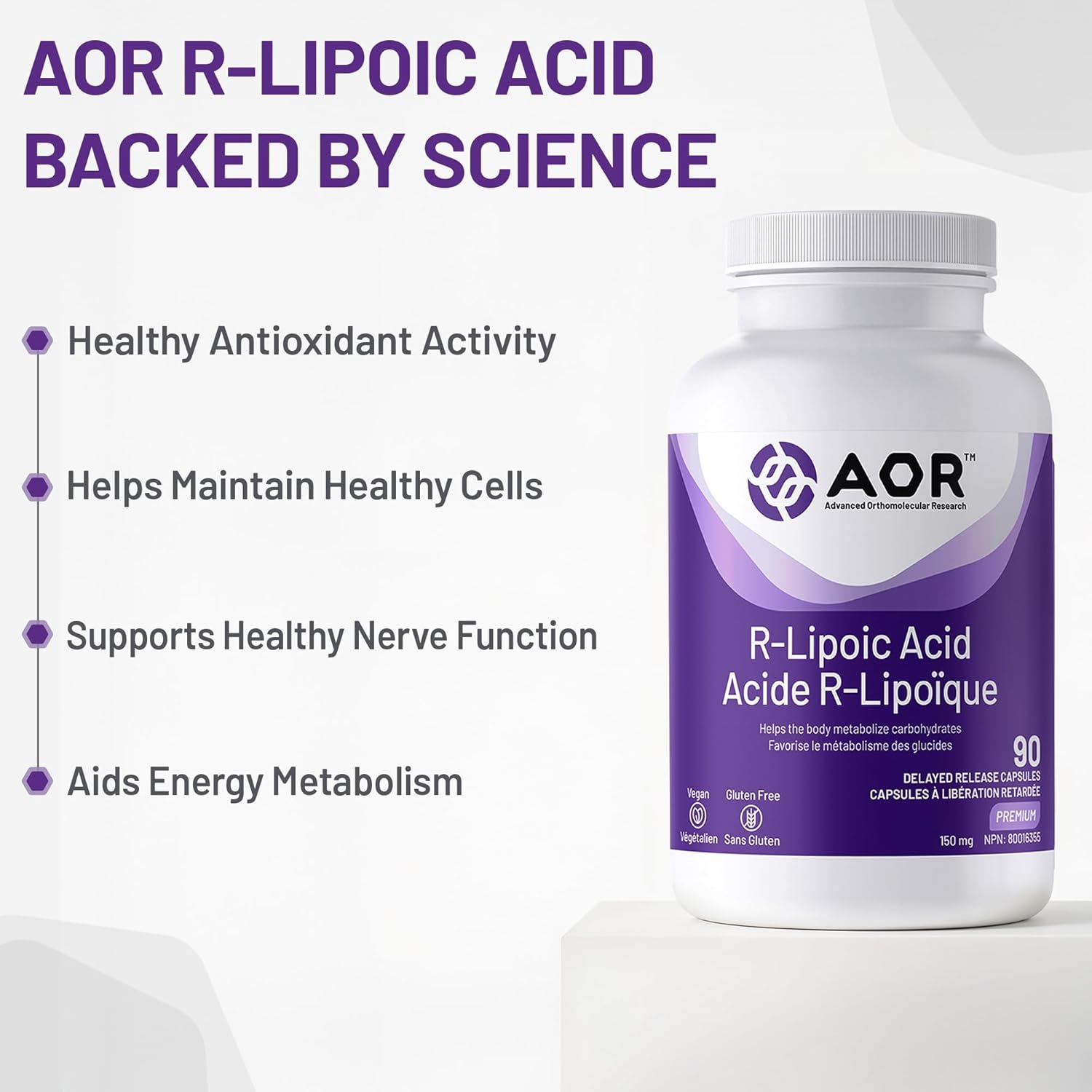 AOR R-Lipoic Acid supplement bottle with benefits listed on a white background