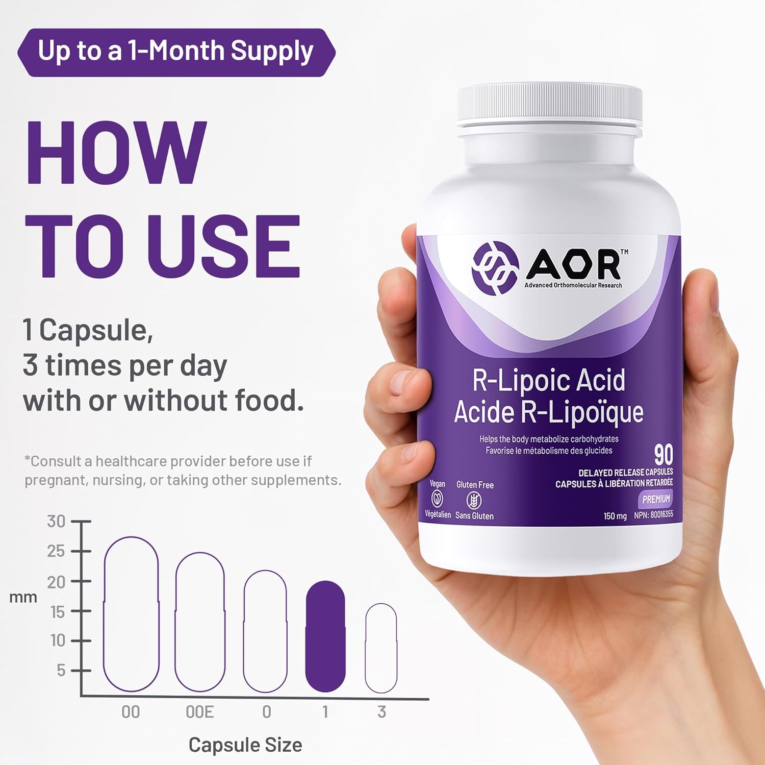 AOR R-Lipoic Acid supplement bottle held by a hand with usage instructions on a white background