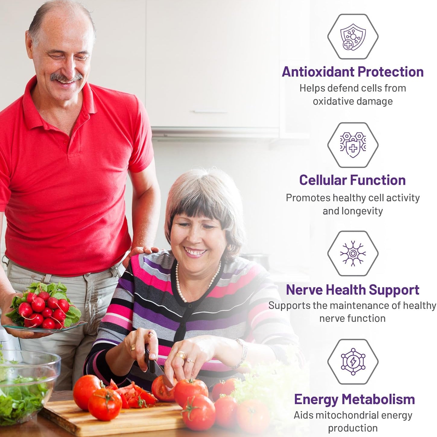 Man and woman preparing vegetables in a kitchen with health benefits text overlay.