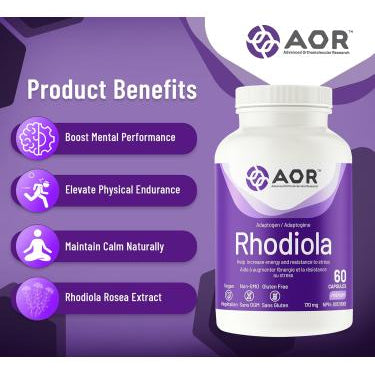 AOR Rhodiola supplement bottle with product benefits on a purple background