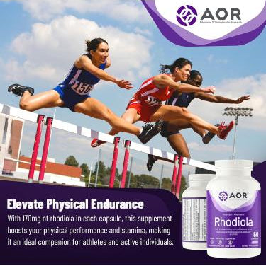 AOR Rhodiola supplement with athletes jumping over hurdles in the background