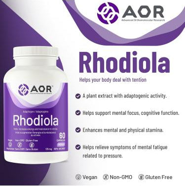 AOR Rhodiola supplement bottle with product details on a white background