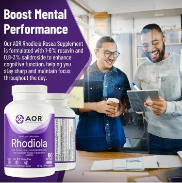 AOR Rhodiola supplement with two people in a modern office setting.