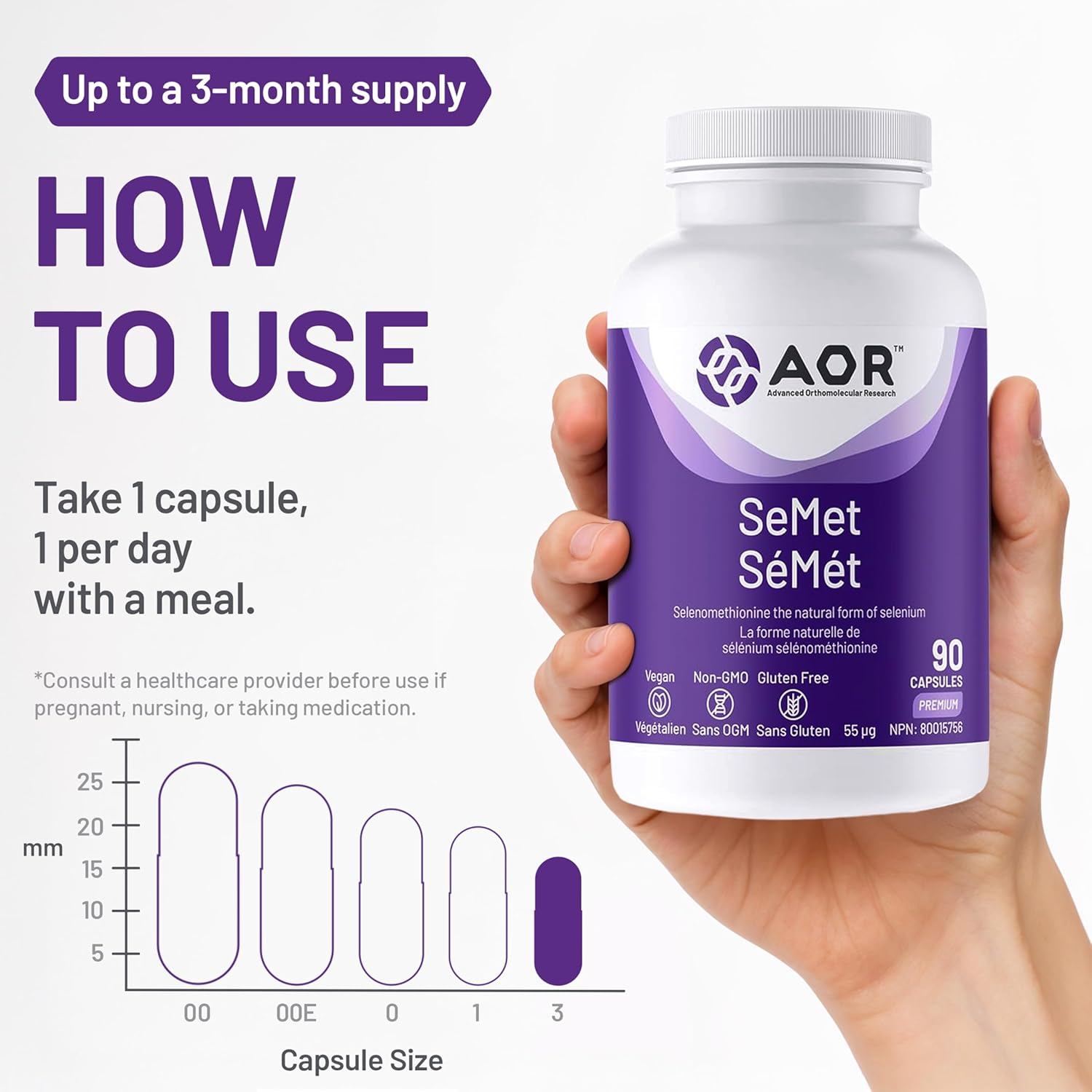 AOR SeMet SeMet supplement bottle held in a hand with usage instructions on a white background