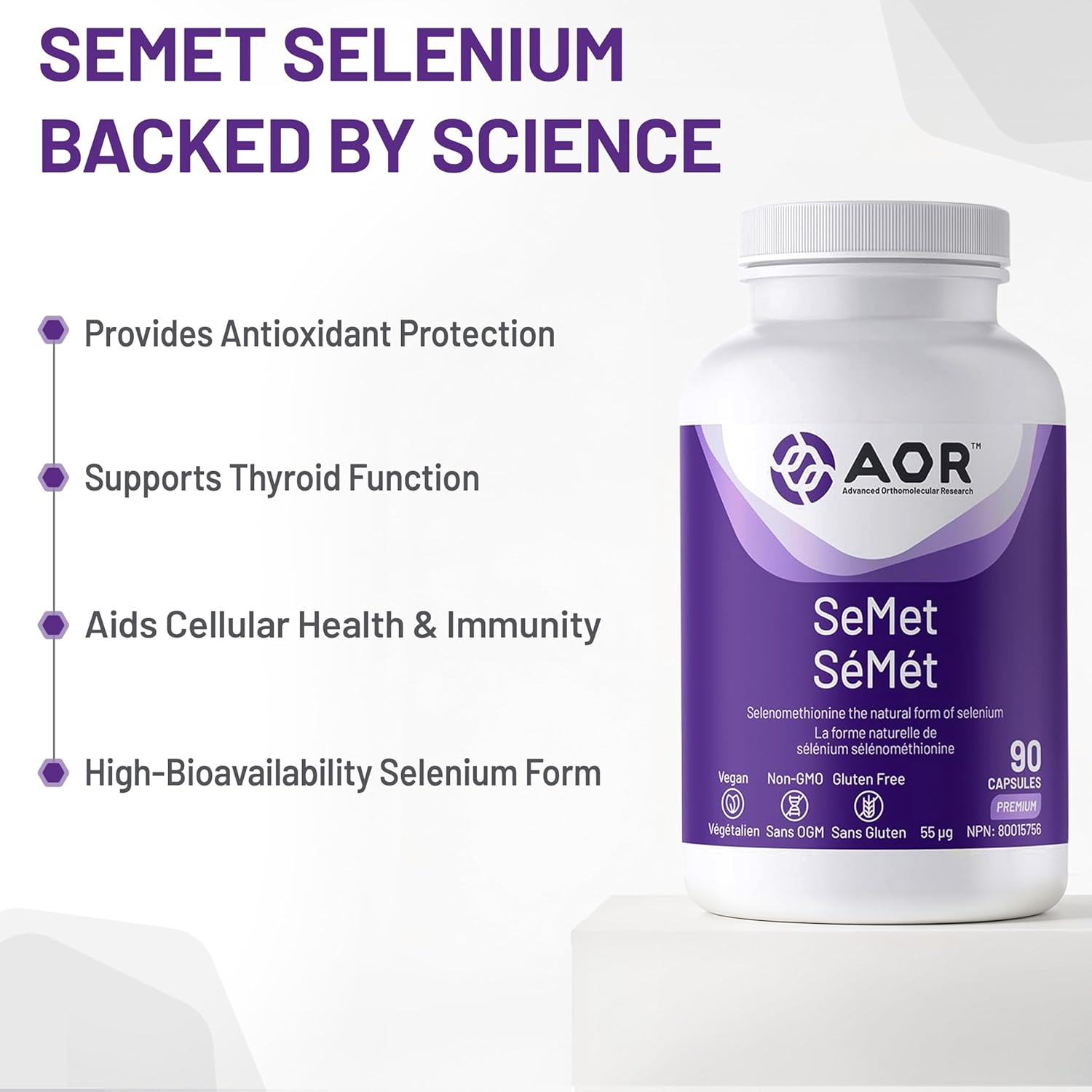 AOR SeMet supplement bottle with benefits listed on a white background