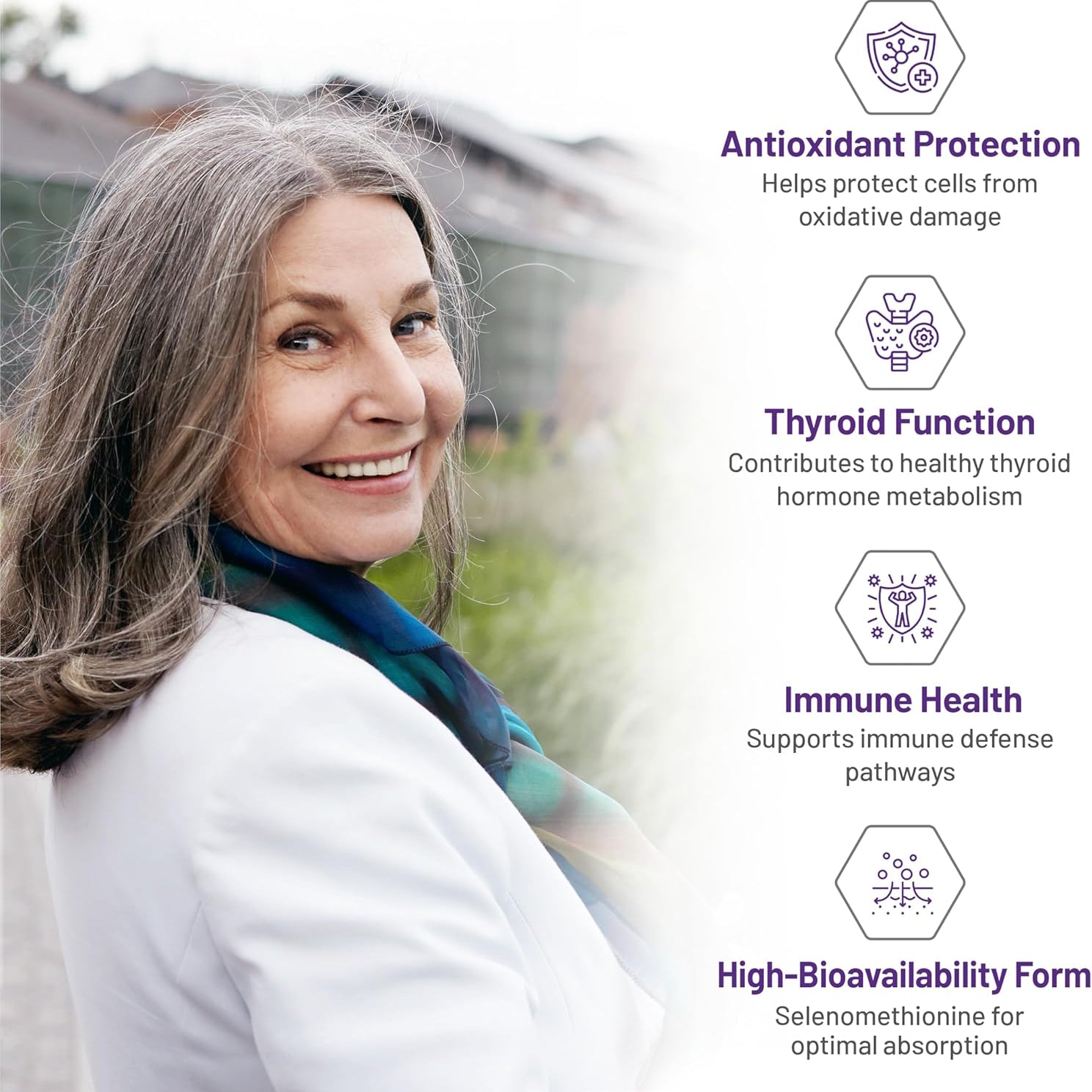 Woman with gray hair smiling outdoors, with health benefits text overlay