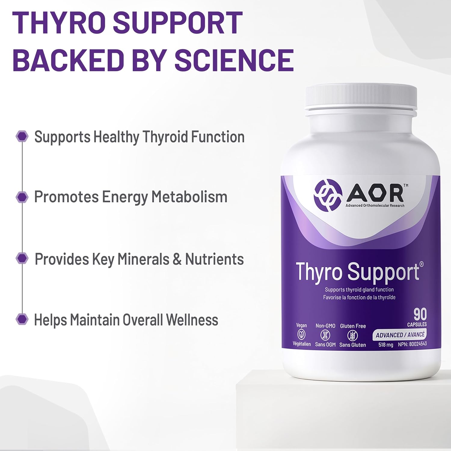 AOR Thyro Support supplement bottle with text highlighting benefits on a white background