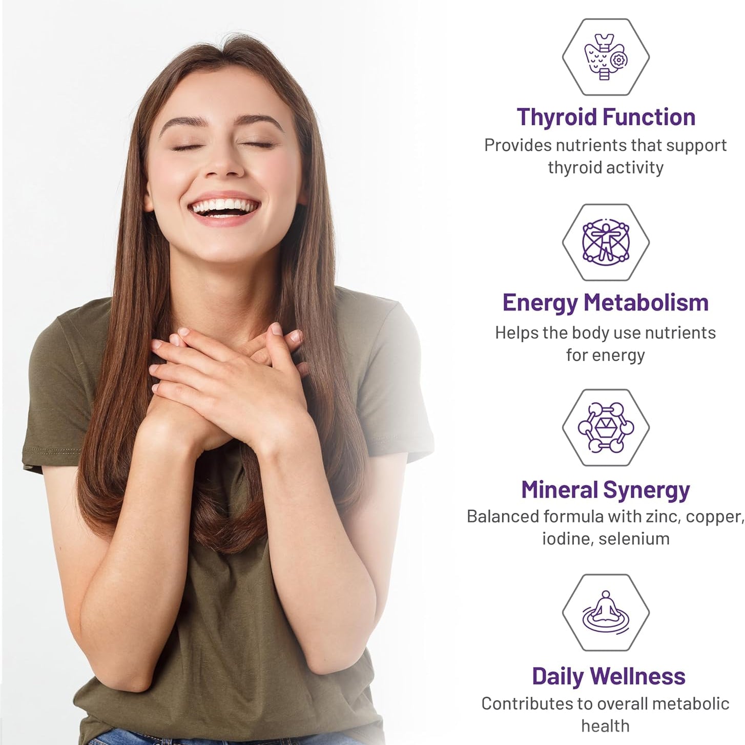 Woman with long brown hair smiling, with text about thyroid function, energy metabolism, mineral synergy, and daily wellness on a white background.