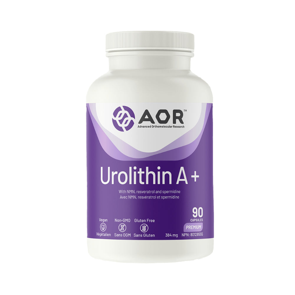 Supplement bottle labeled 'Urolithin A+' by AOR on a white background