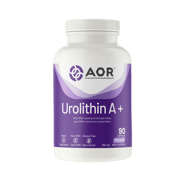 Supplement bottle labeled 'Urolithin A+' by AOR on a white background
