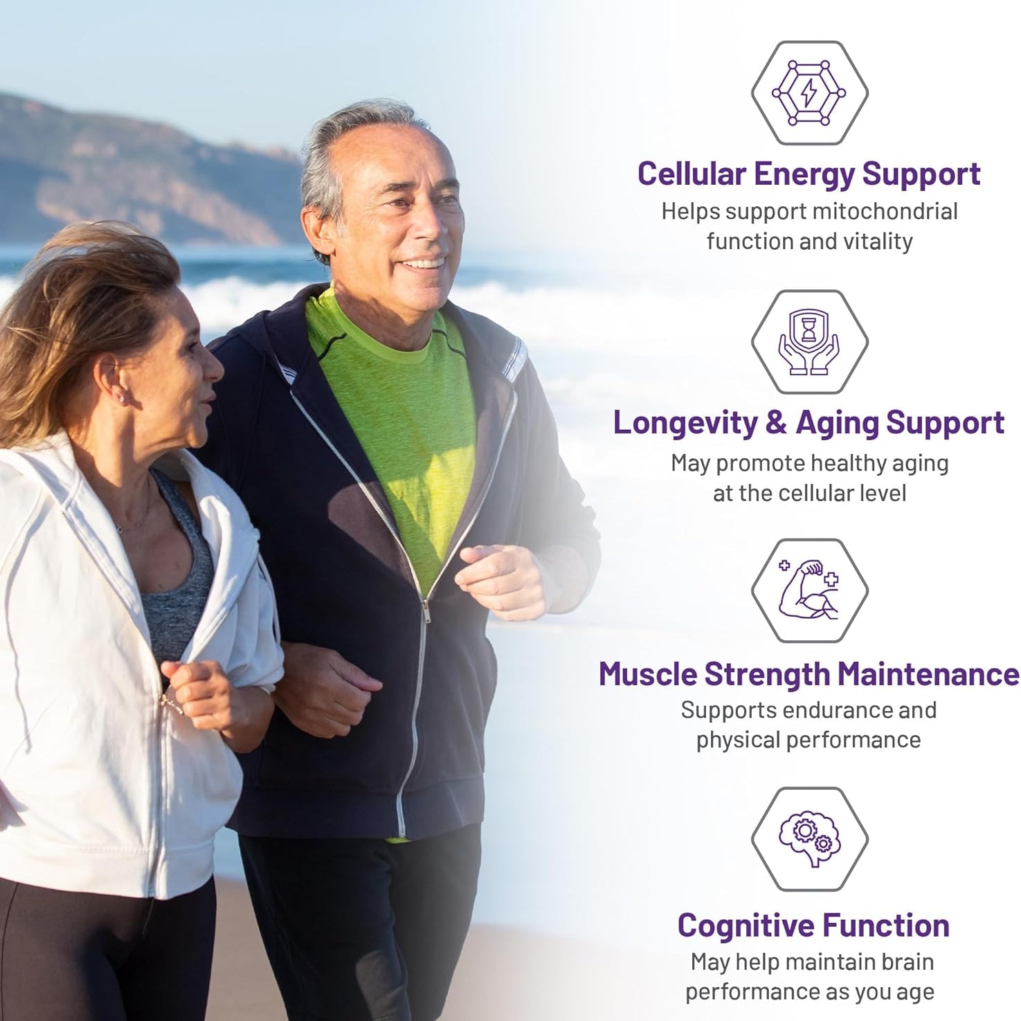 Man and woman walking on a beach with health benefits text overlay