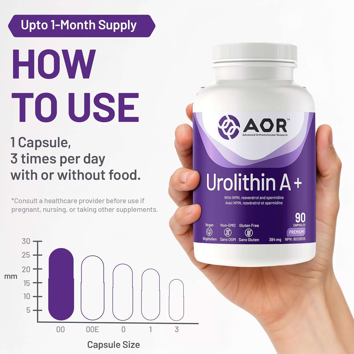 AOR Urolithin A+ supplement bottle held in a hand with usage instructions on a white background