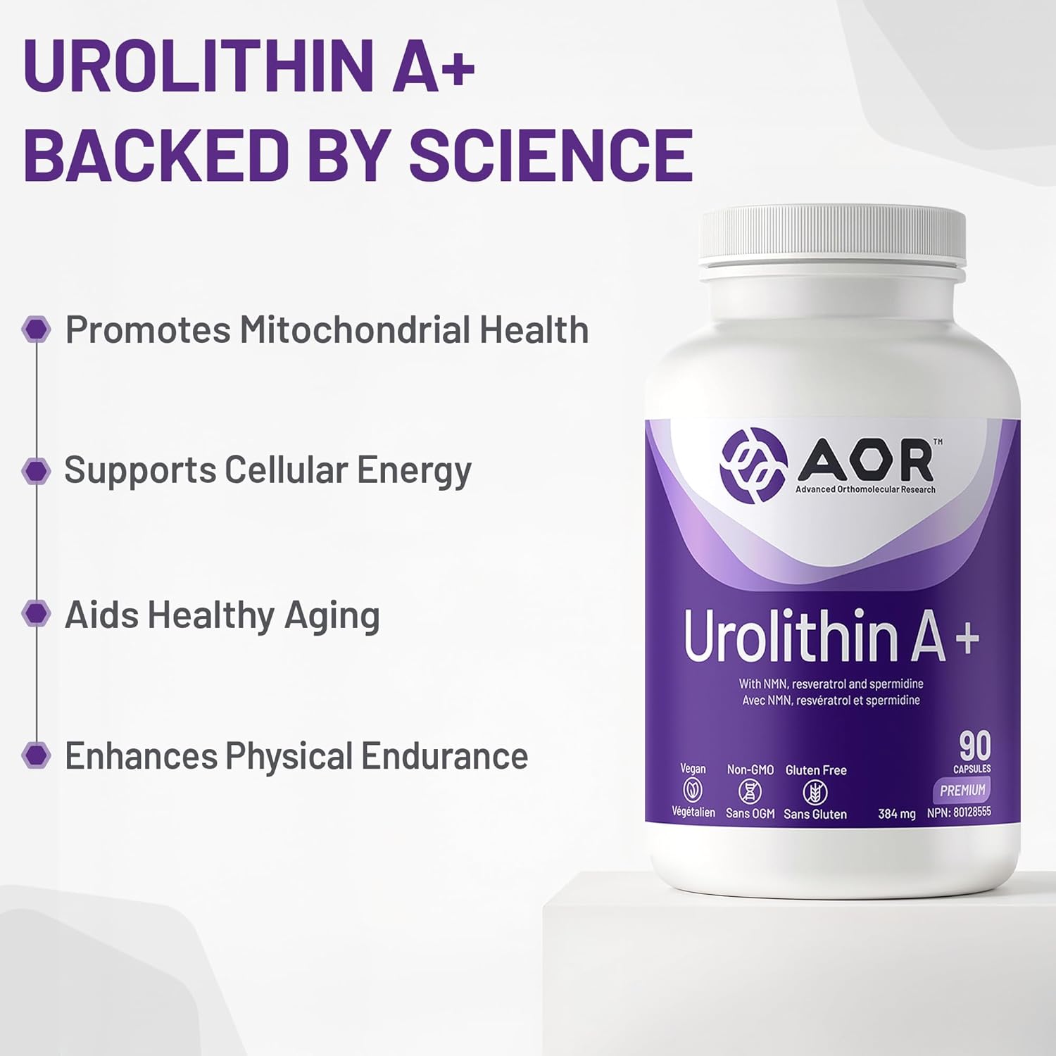 AOR Urolithin A+ supplement bottle with benefits listed on a white background