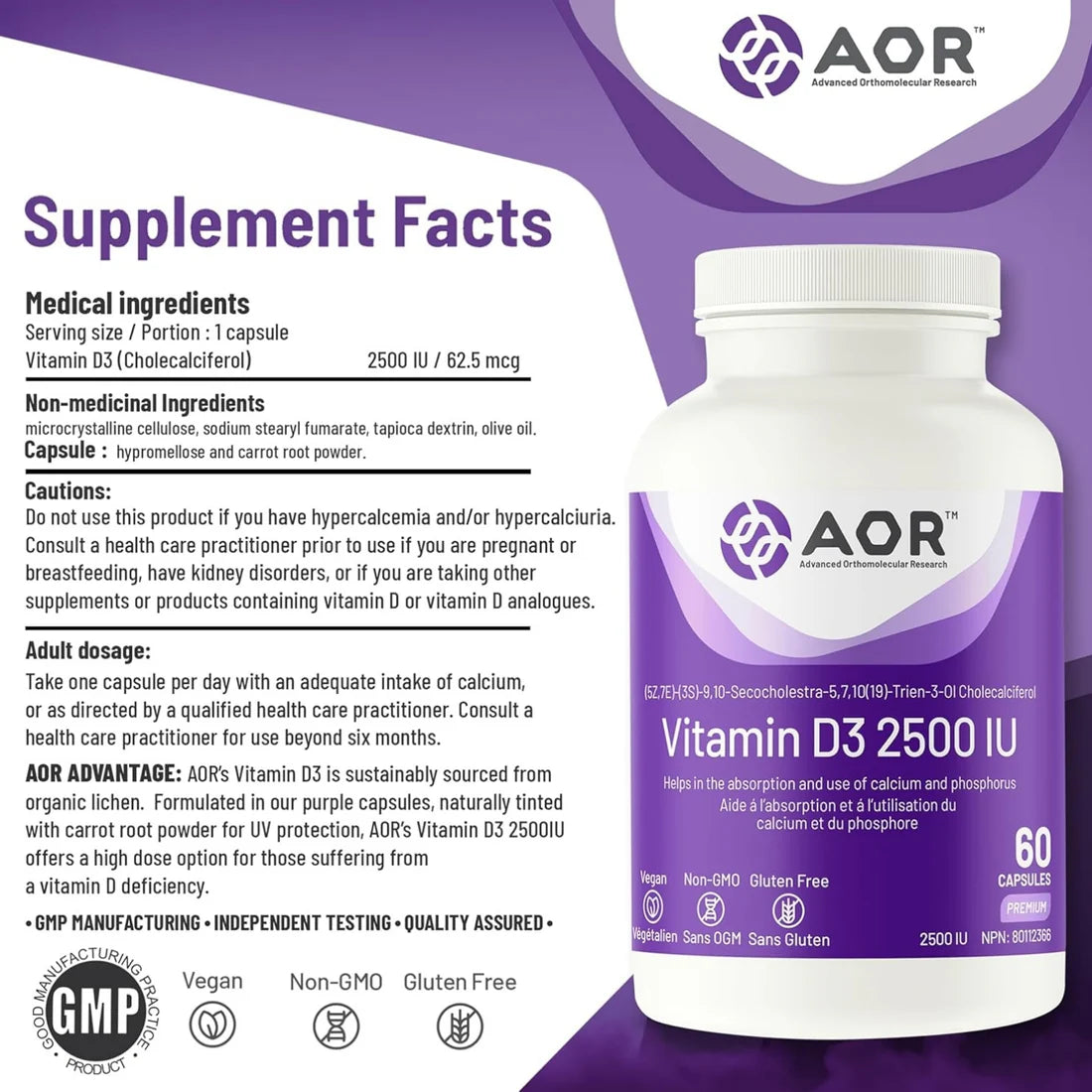 AOR Vitamin D3 2500IU in white background.