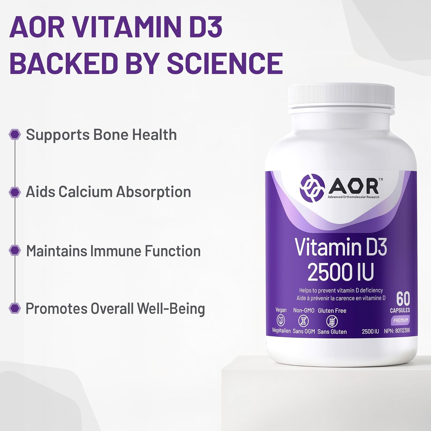 AOR Vitamin D3 supplement bottle with benefits listed on a white background
