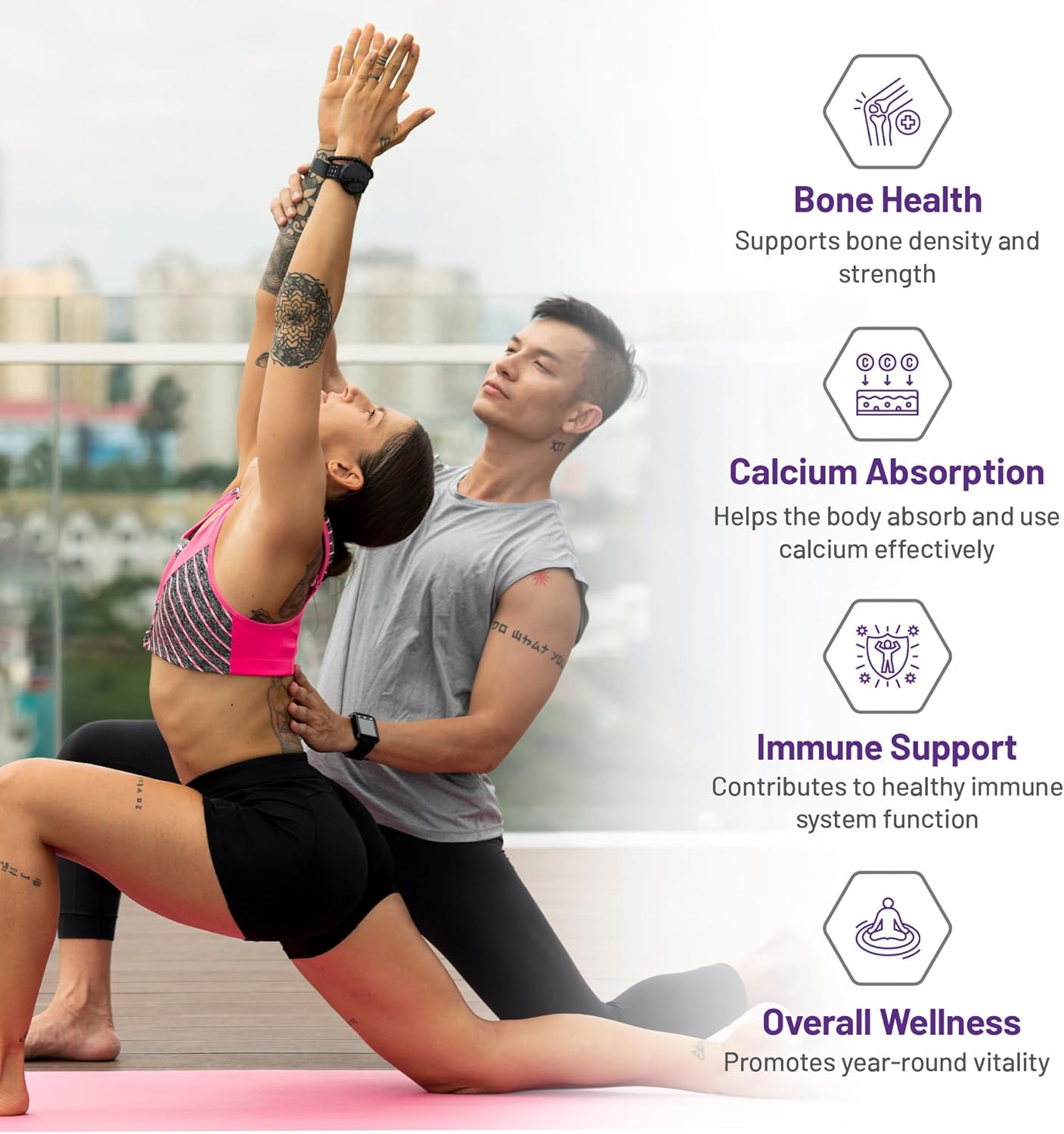 Two people practicing yoga outdoors with health benefits text overlay.