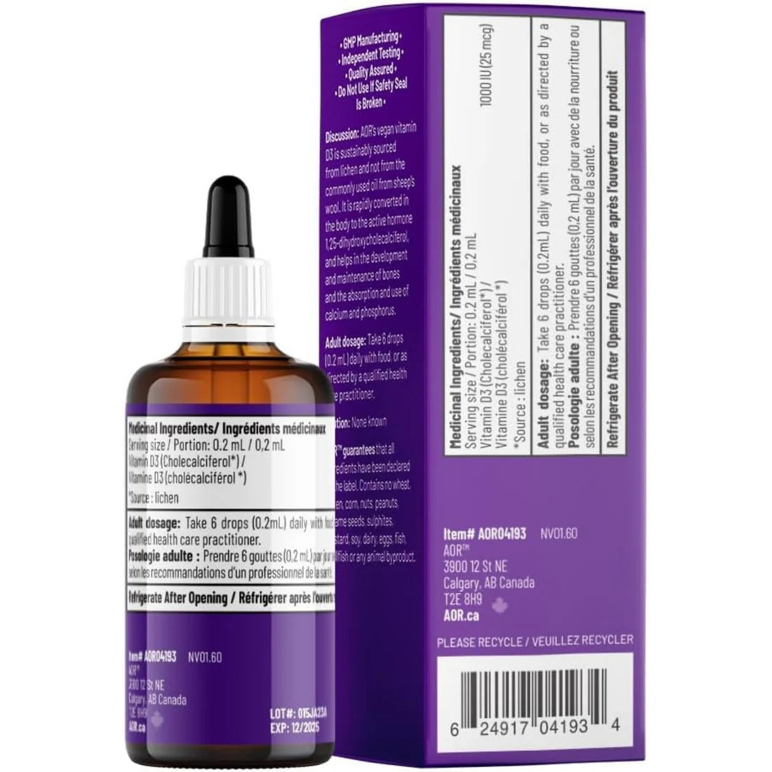 AOR Liquid Vitamin D3 bottle and back packaging on a white background