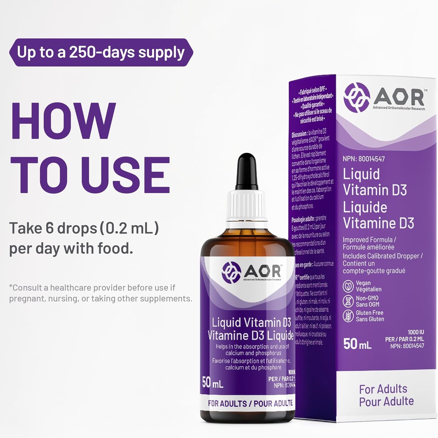 AOR Liquid Vitamin D3 bottle and packaging with usage instructions on a white background