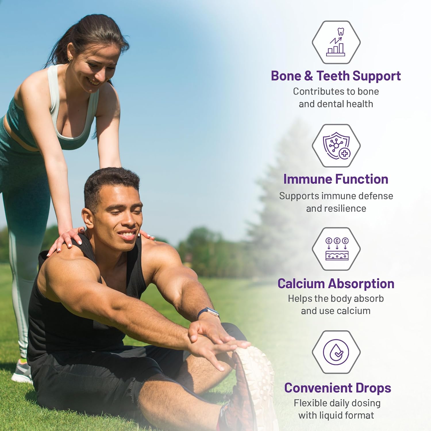 Two people exercising outdoors with health benefits text overlay